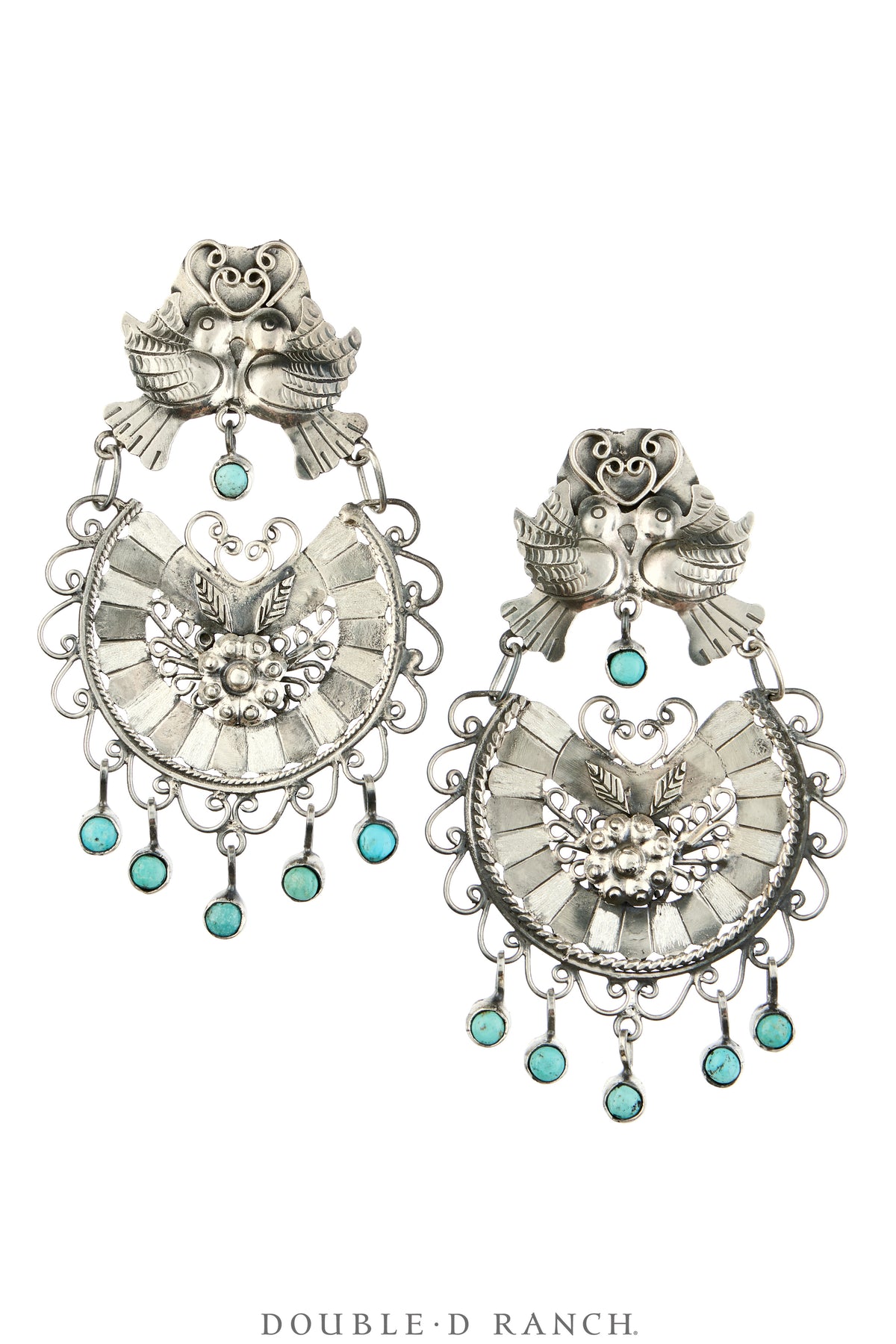 Earrings, Federico, Mazahua, Turquoise & Sterling Silver, Doves, Hallmark, Contemporary, 2337
