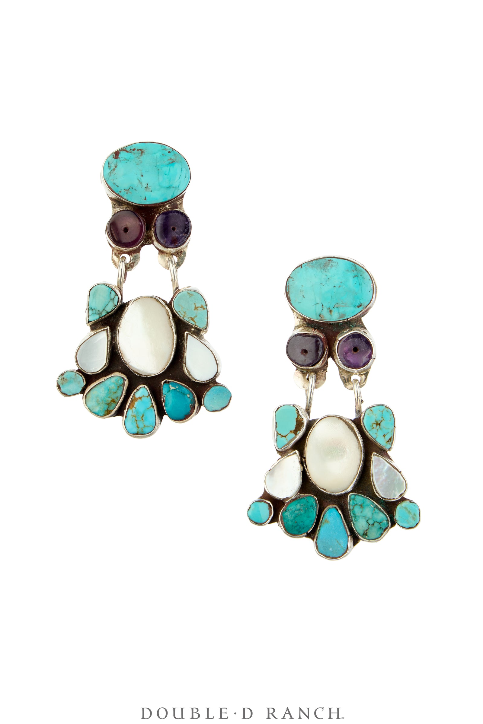 Earrings, Oscar Betz, Fan, Turquoise, Fresh Water Pearl & Amethyst, Hallmark, Contemporary, 2341