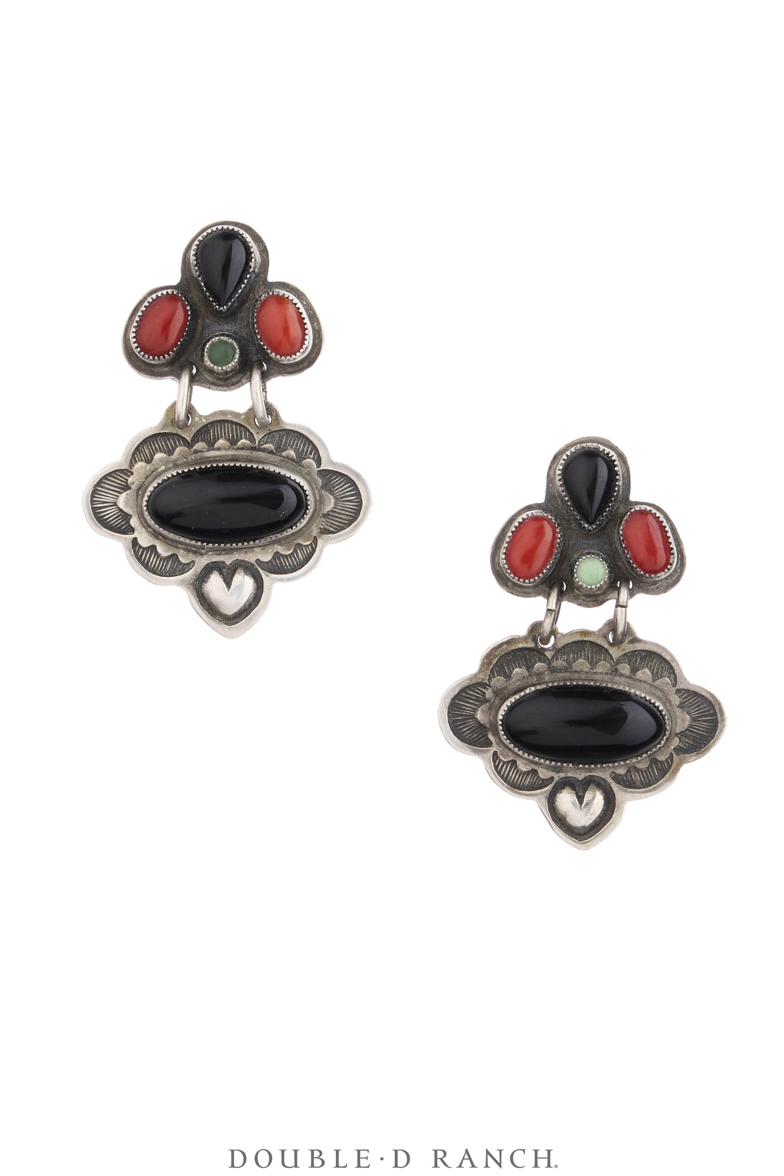 Earrings, Chandelier, Mixed Stones, Onyx With Coral, Don Lucas Hallmark, Vintage, 2368