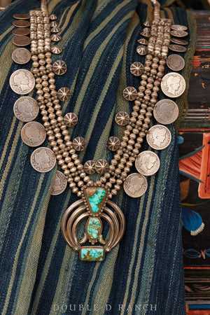 Necklace, Squash Blossom, Turquoise, Liberty Quarters, Triple Strand Beads with Concho Tips, Vintage ‘70s, 1672