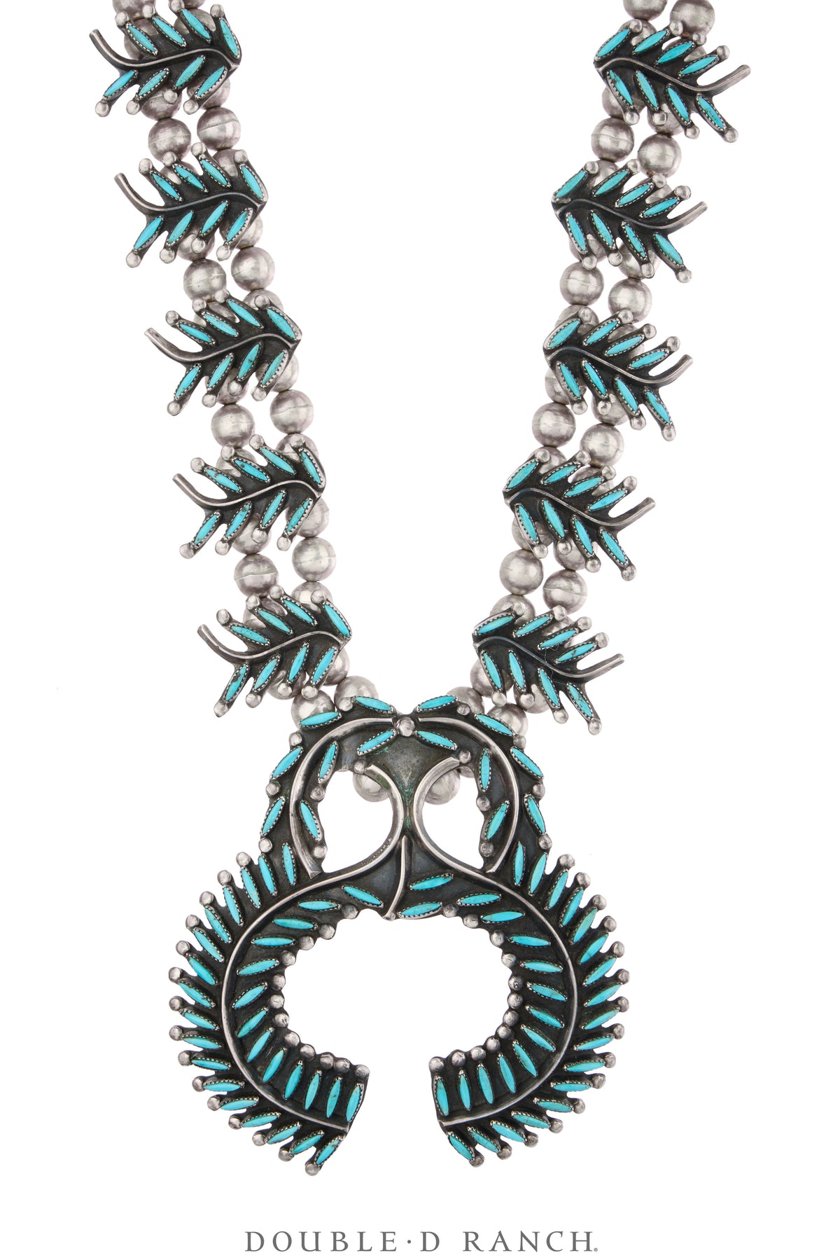 Necklace, Squash Blossom, Turquoise, Needlepoint, Zuni, Vintage Mid Century, 3729