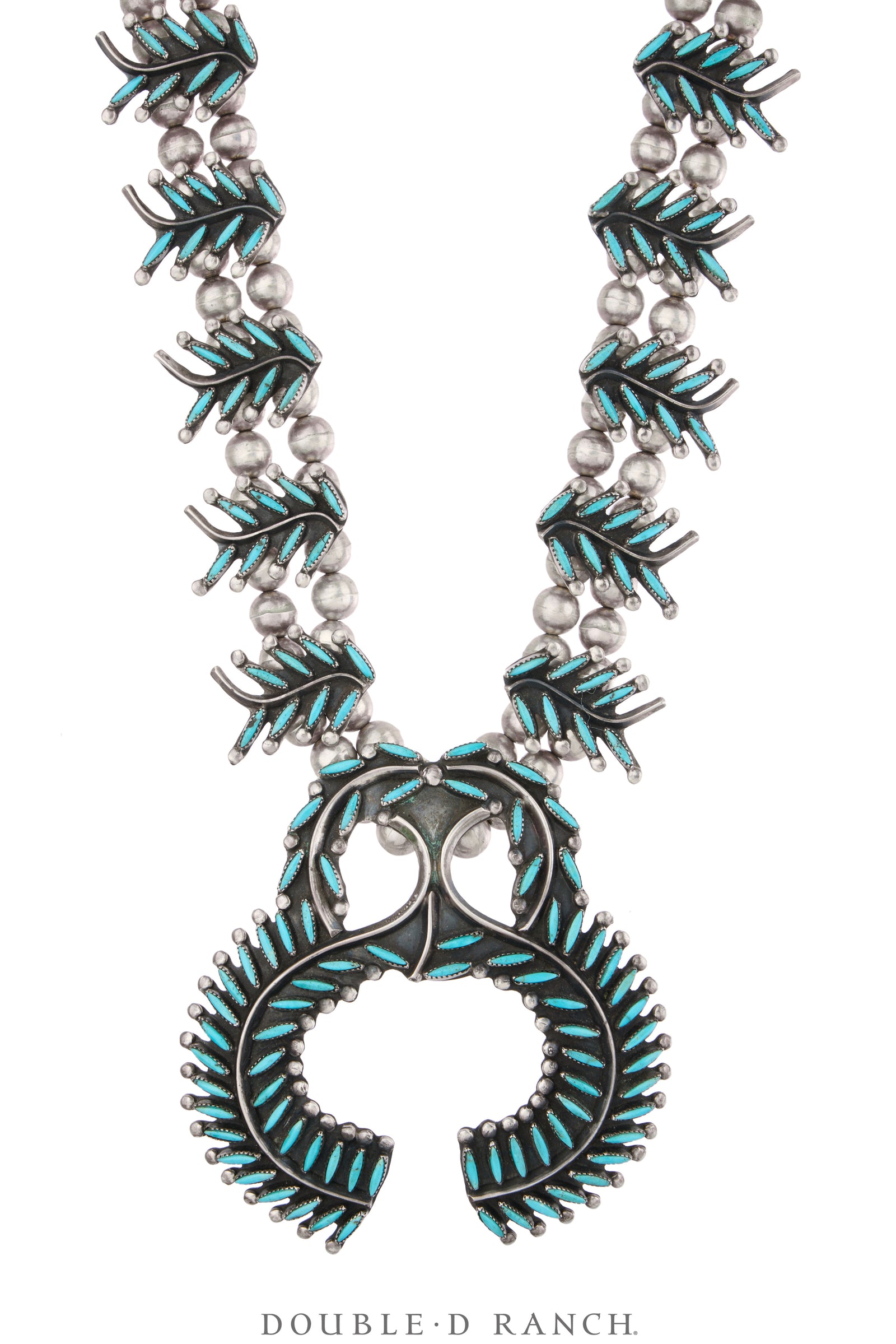 Necklace, Squash Blossom, Turquoise, Needlepoint, Zuni, Vintage Mid Century, 3729