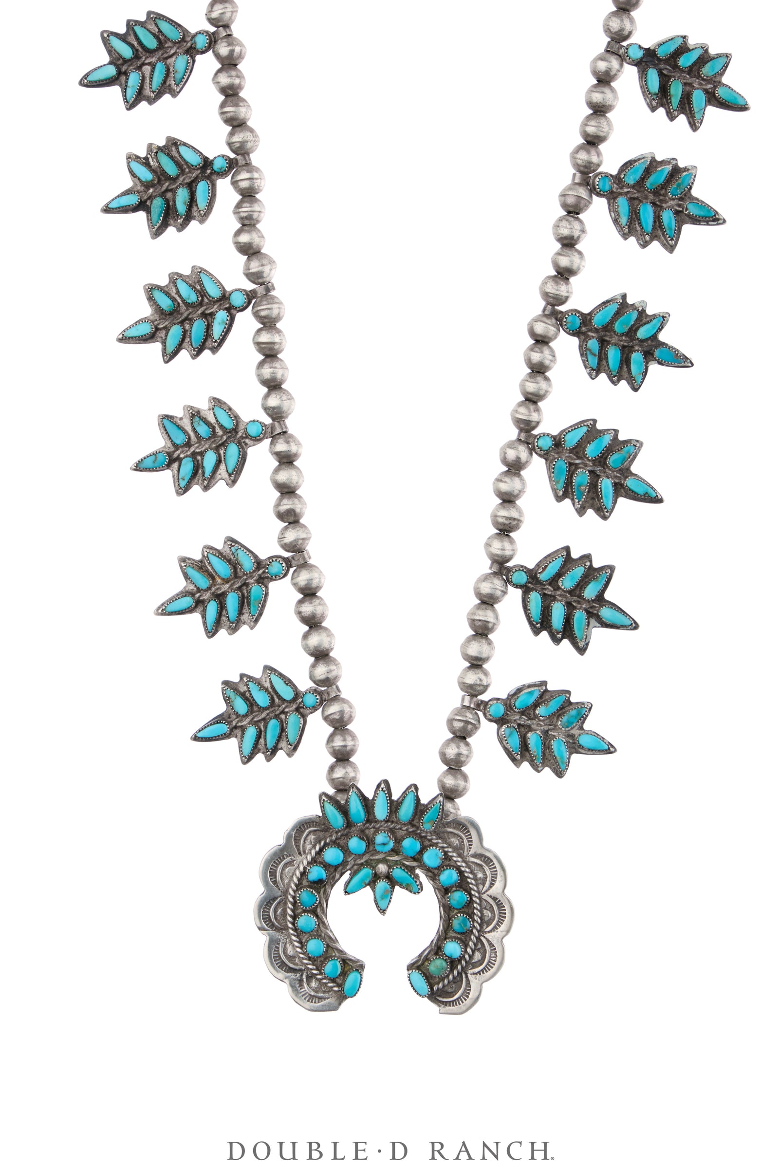 Necklace, Squash Blossom, Turquoise, Needlepoint & Snake Eye, Vintage, 3757