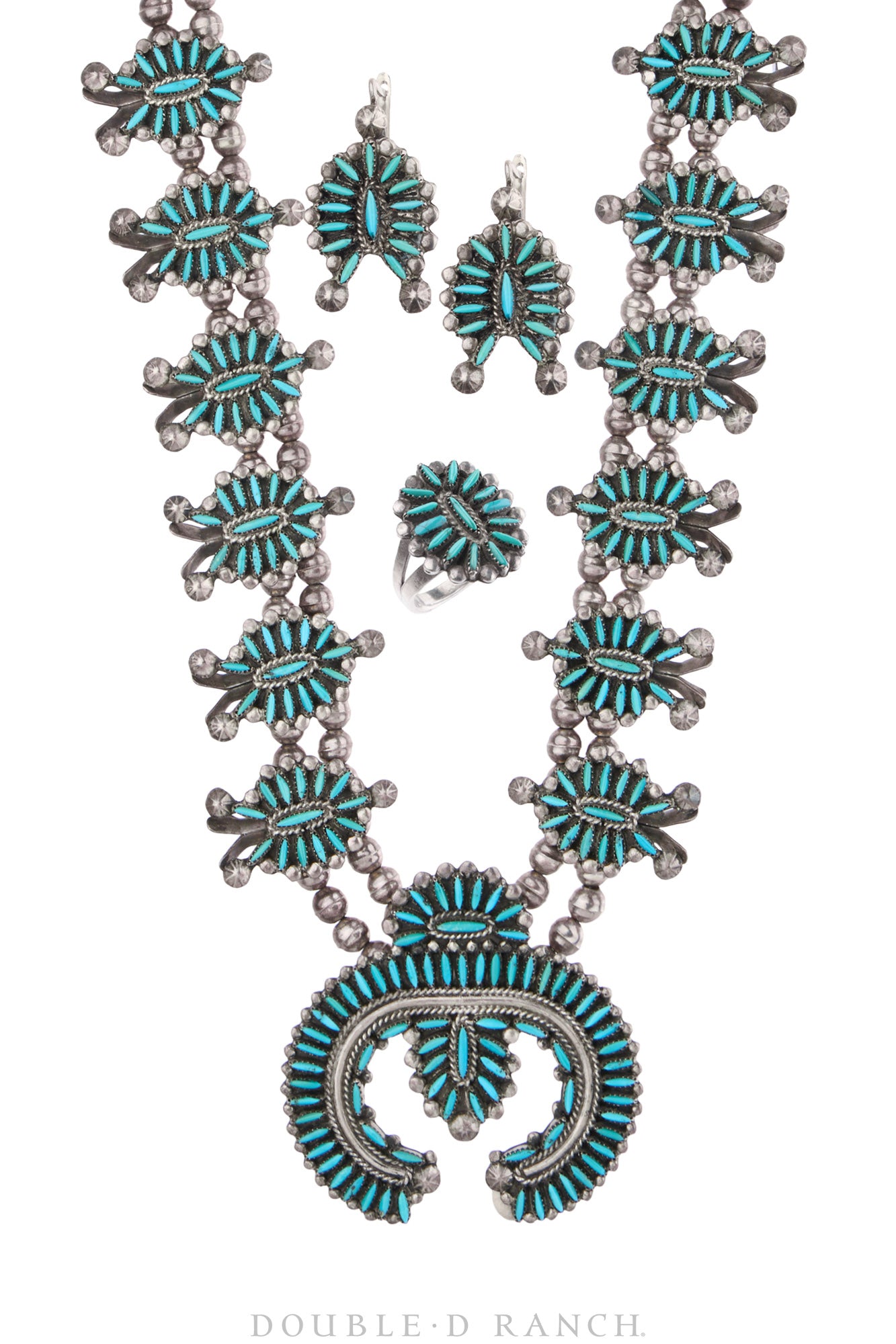 Necklace, Squash Blossom, Turquoise, Matching Set of Earrings, & Ring, Vintage, 3764