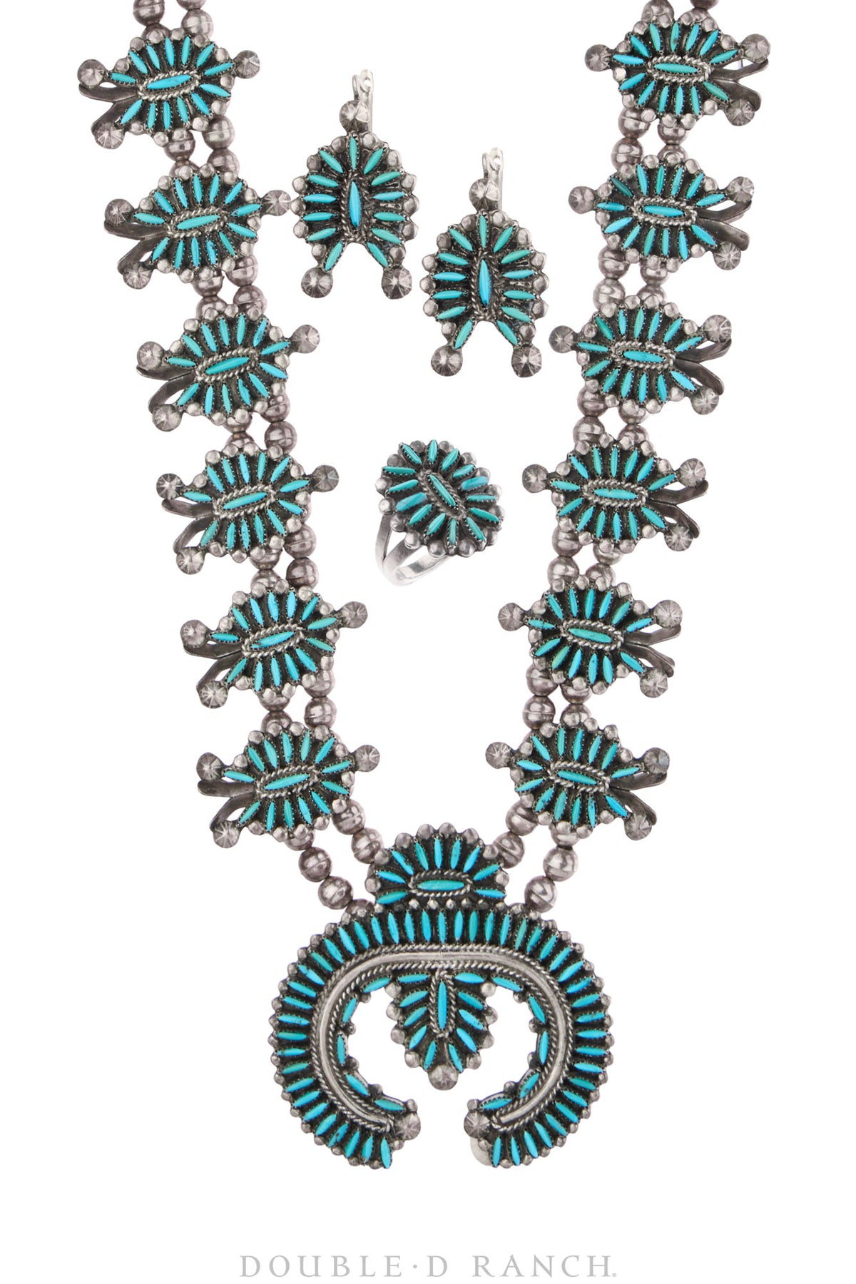 Necklace, Squash Blossom, Turquoise, Matching Set of Earrings, & Ring, Vintage, 3764