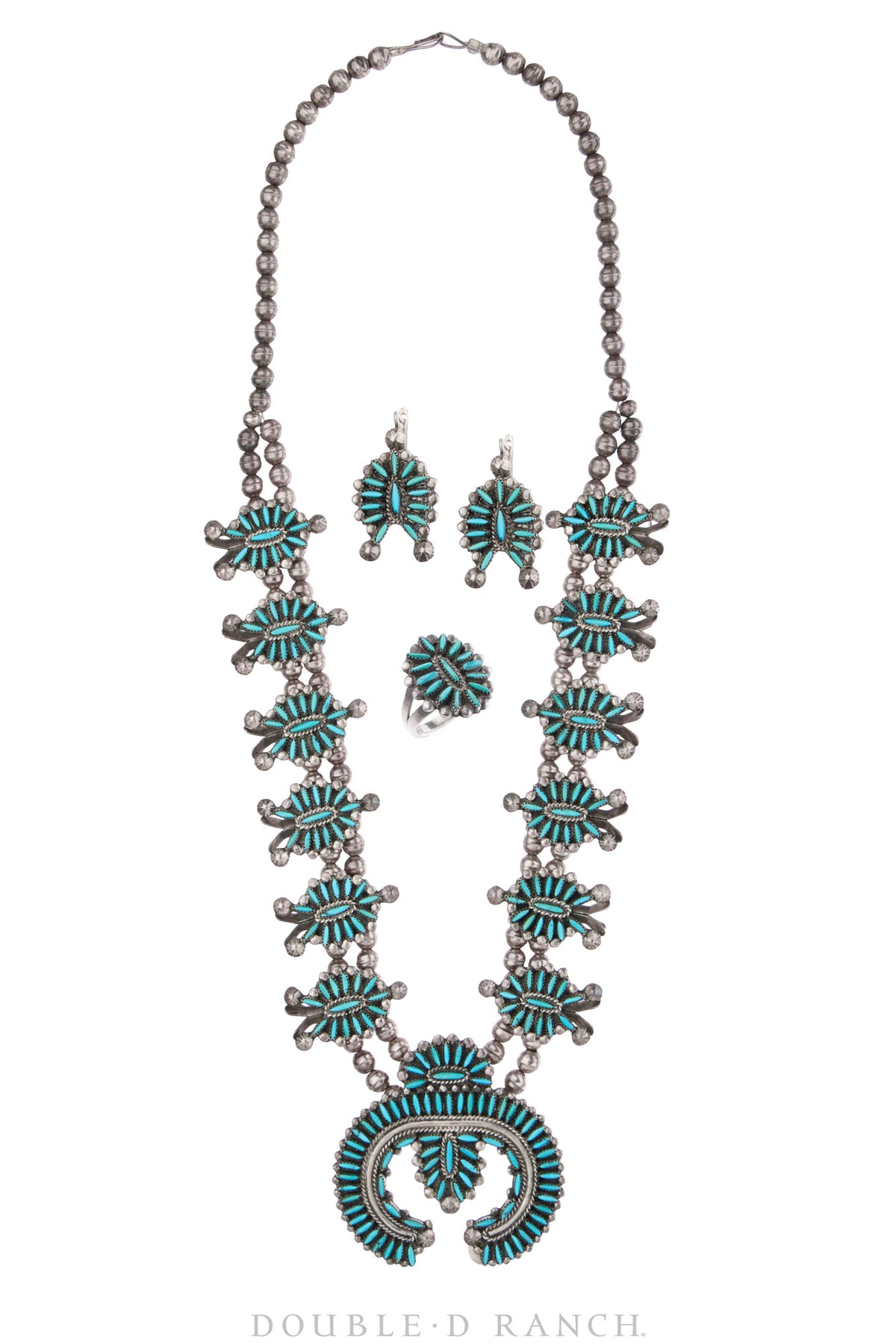Necklace, Squash Blossom, Turquoise, Matching Set of Earrings, & Ring, Vintage, 3764
