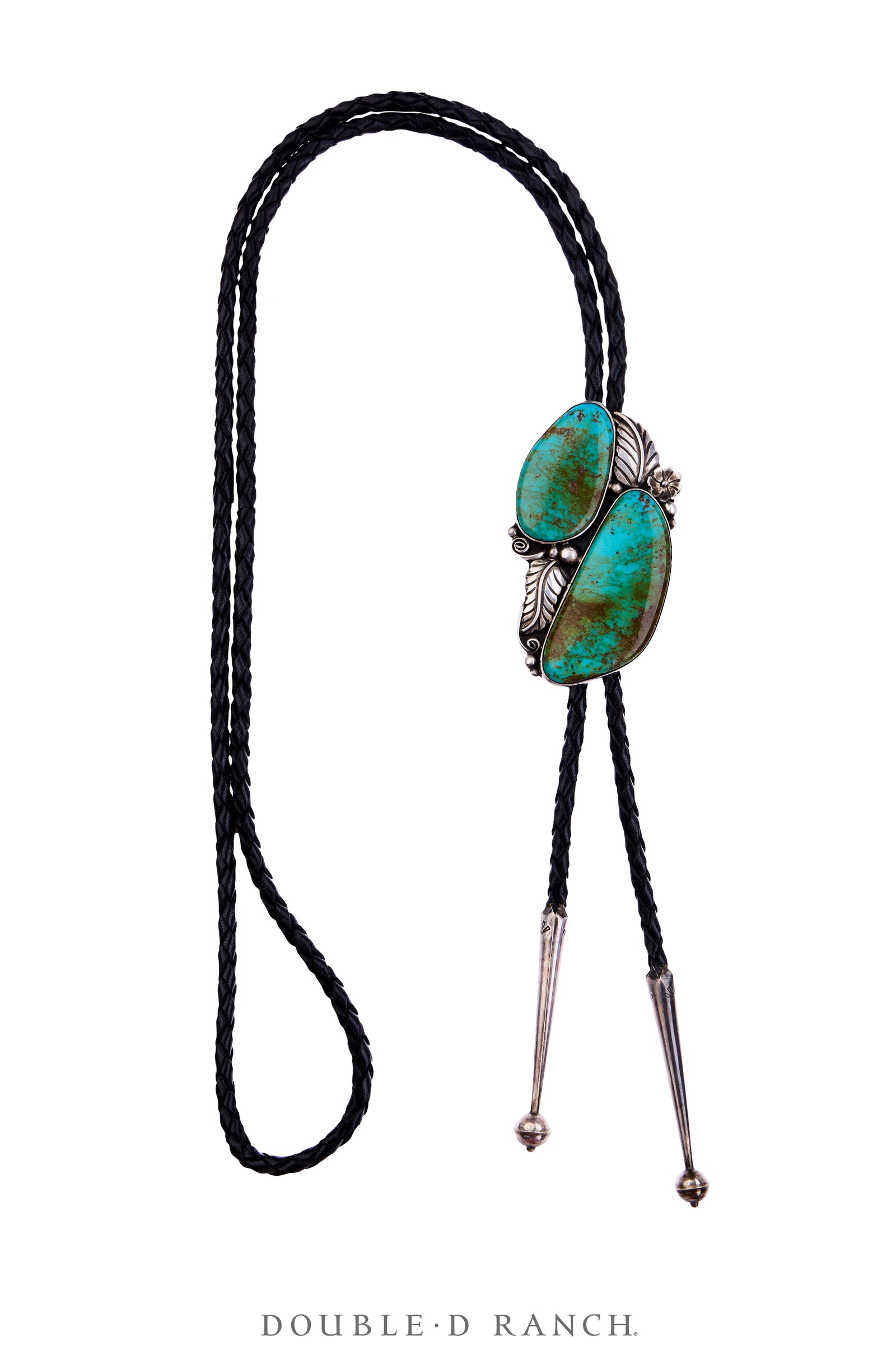 Bolo, Natural Stone, Turquoise, Double Stones with Leaf Appliqué, Hallmark, Vintage ‘70s, 3810