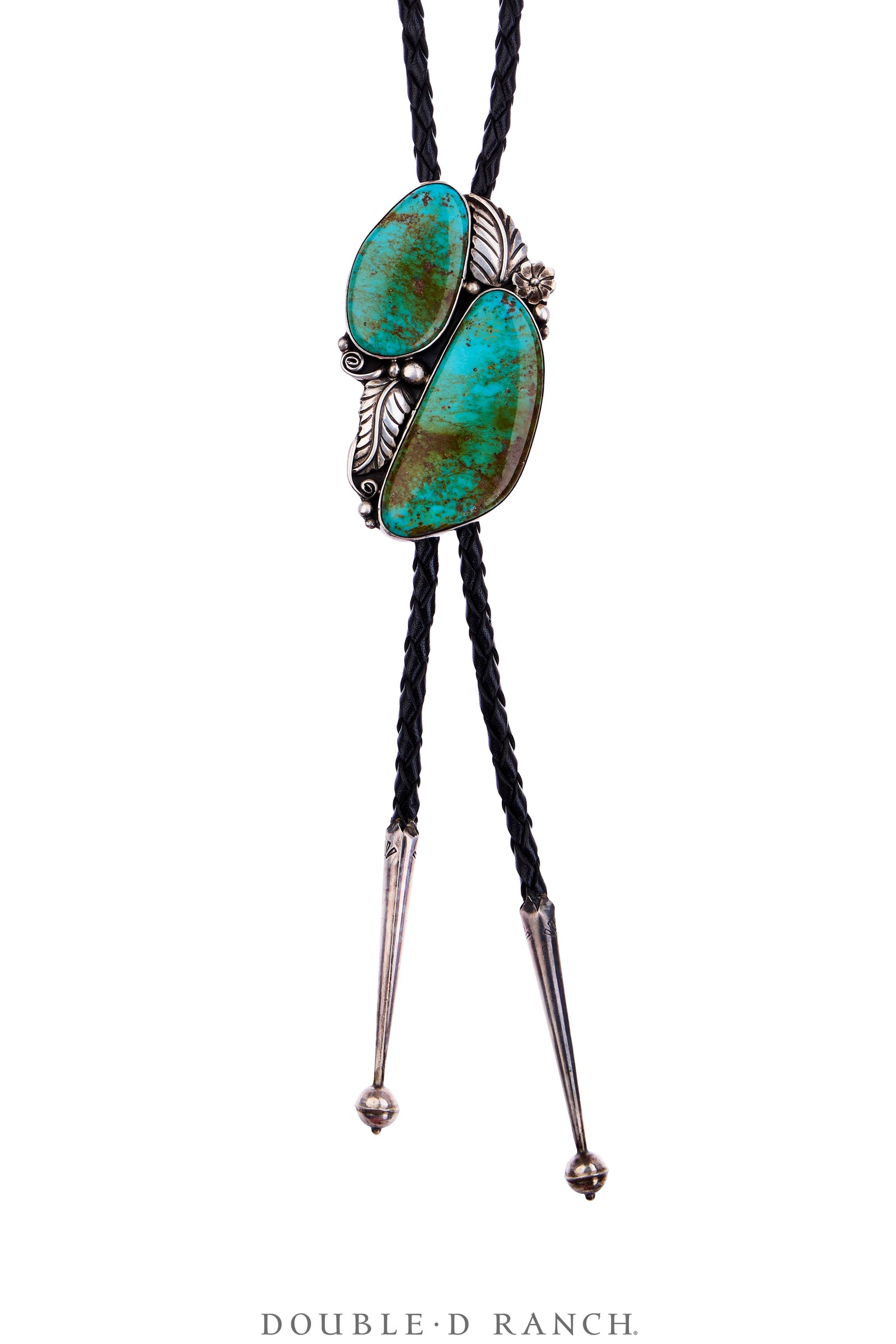 Bolo, Natural Stone, Turquoise, Double Stones with Leaf Appliqué, Hallmark, Vintage ‘70s, 3810