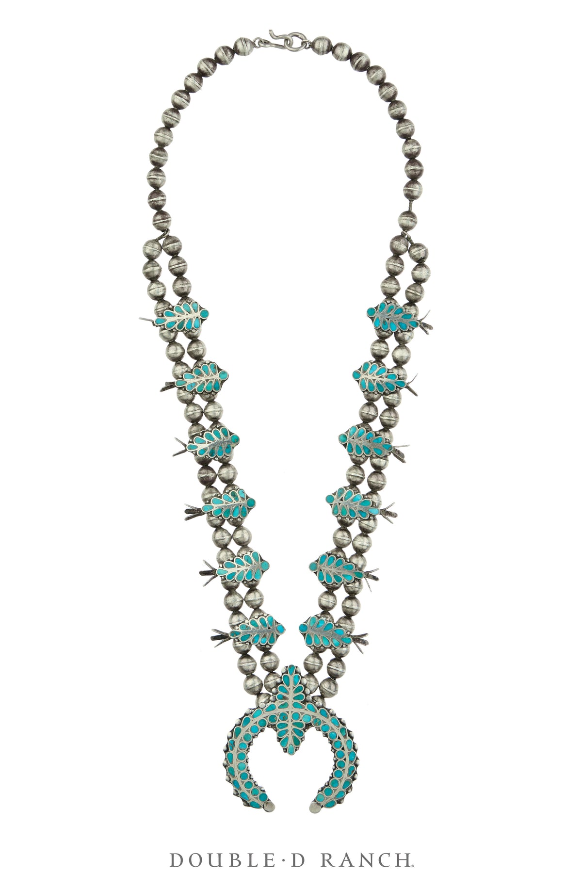 Necklace, Squash Blossom, Turquoise, Inlaid in the Dishta Family Style, Vintage, 3814