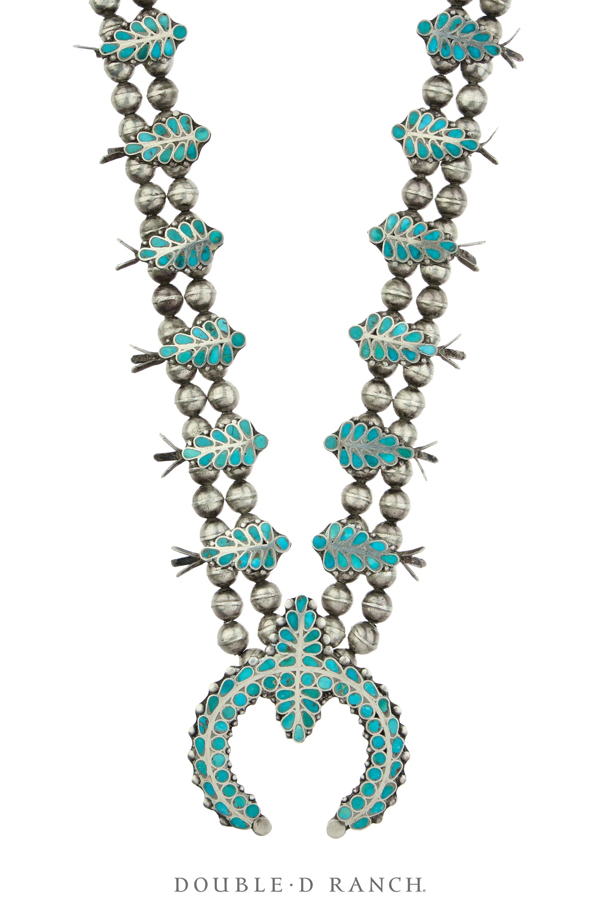 Necklace, Squash Blossom, Turquoise, Inlaid in the Dishta Family Style, Vintage, 3814