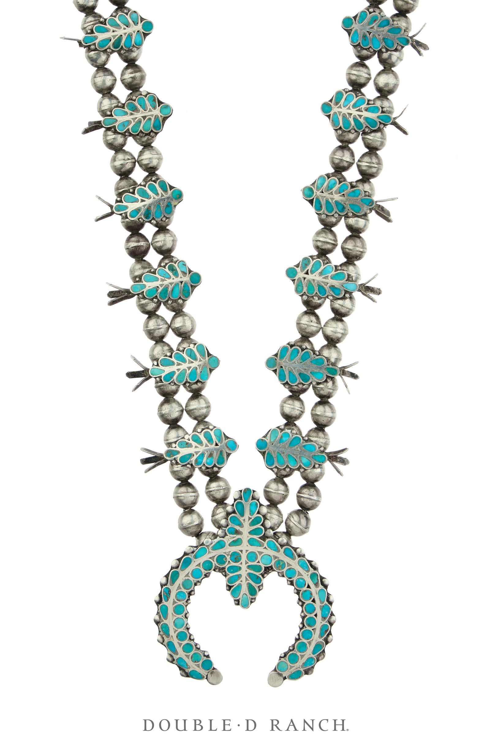 Necklace, Squash Blossom, Turquoise, Inlaid in the Dishta Family Style, Vintage, 3814