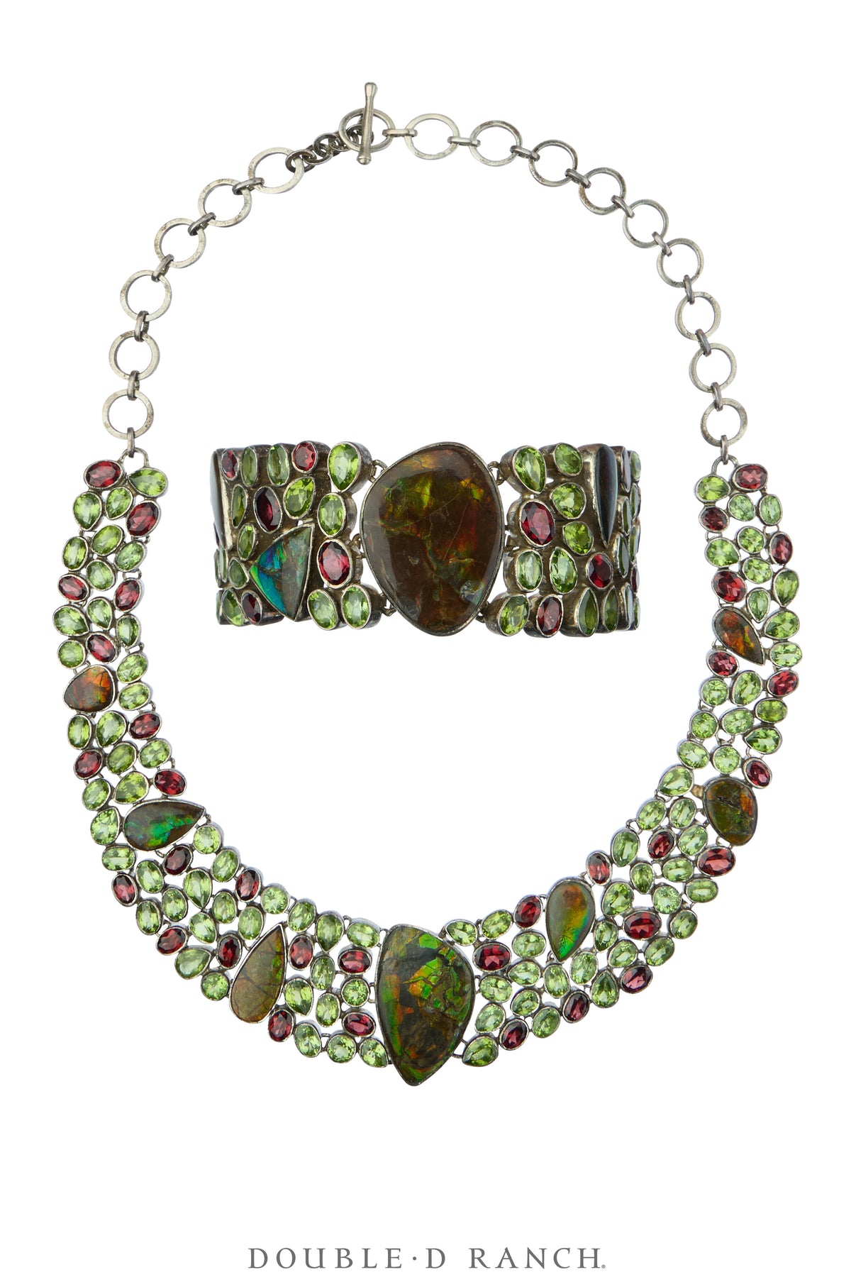 Necklace, Statement, Jewels, Peridot, Garnet & Ammolite, With Matching Cuff, Contemporary, 3815