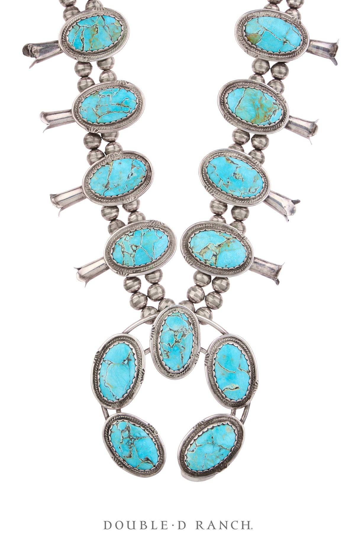 Necklace, Squash Blossom, Turquoise, Quality Matched Stones, Hallmark, Estate, Vintage, 3826