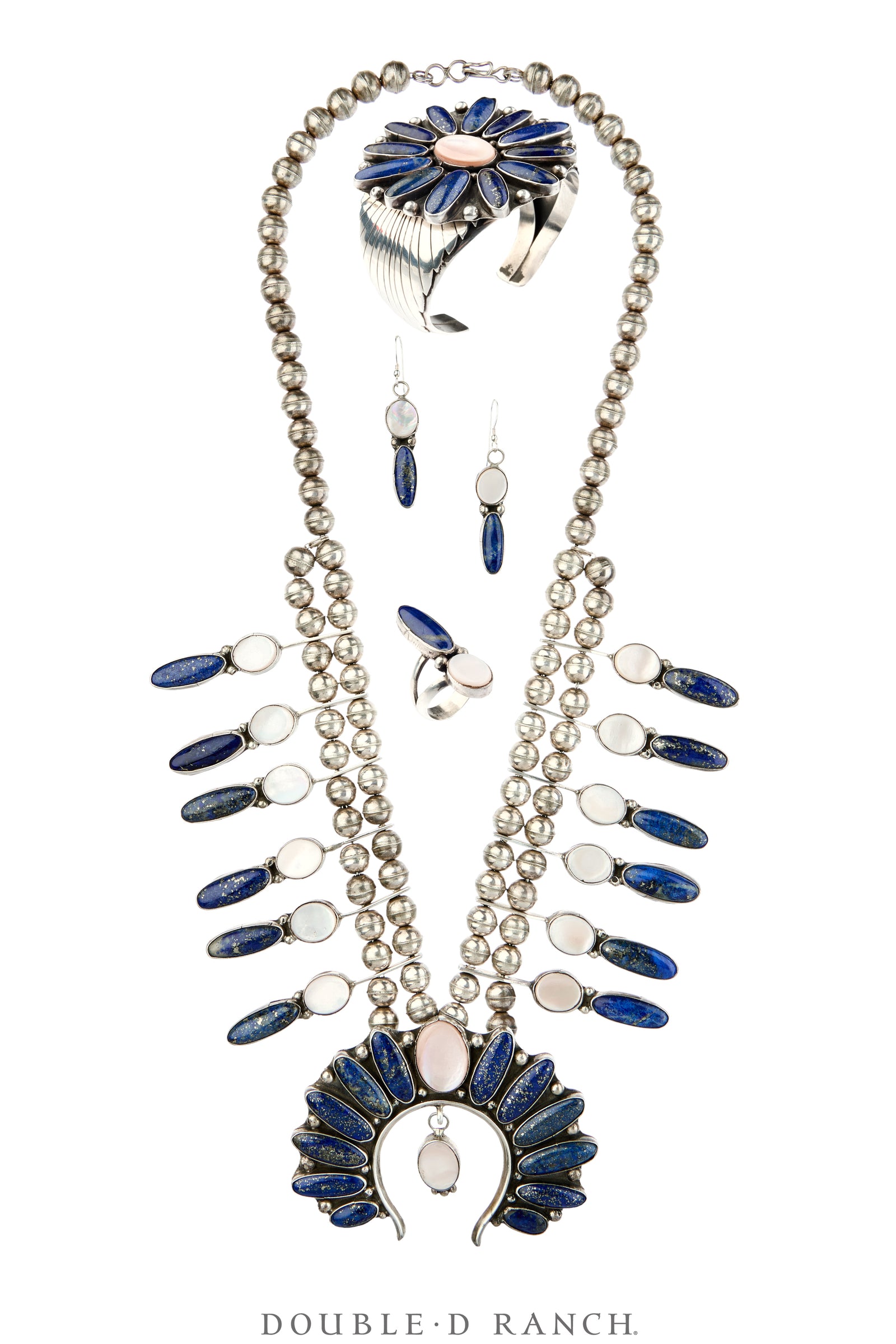 Necklace, Squash Blossom, Lapis & Pink Mother of Pearl, Matching Suite Including Cuff, Ring & Earrings, Hallmark, Vintage, 3841