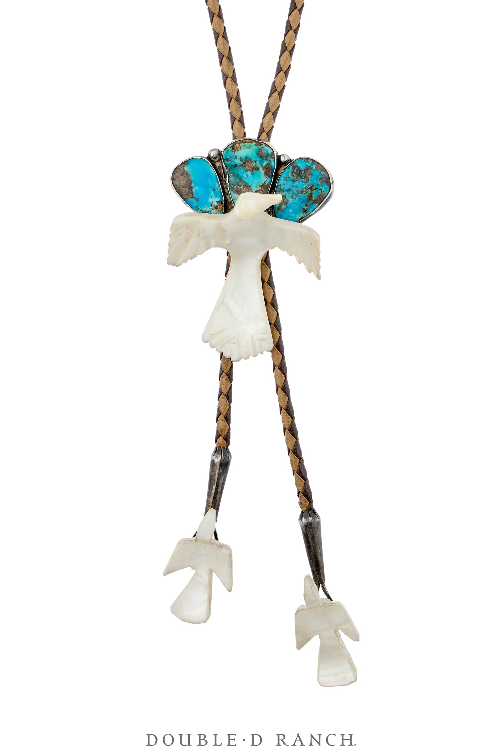 Bolo, Novelty, Turquoise With Mother of Pearl Doves, Santo Domingo, Vintage ‘70s, 3913