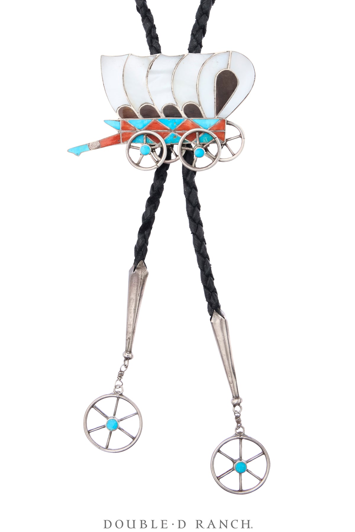 Bolo, Inlay, Mixed Stones, Conestoga Wagon with Wagon Wheel Tips, Old Pawn ‘60s, 3936
