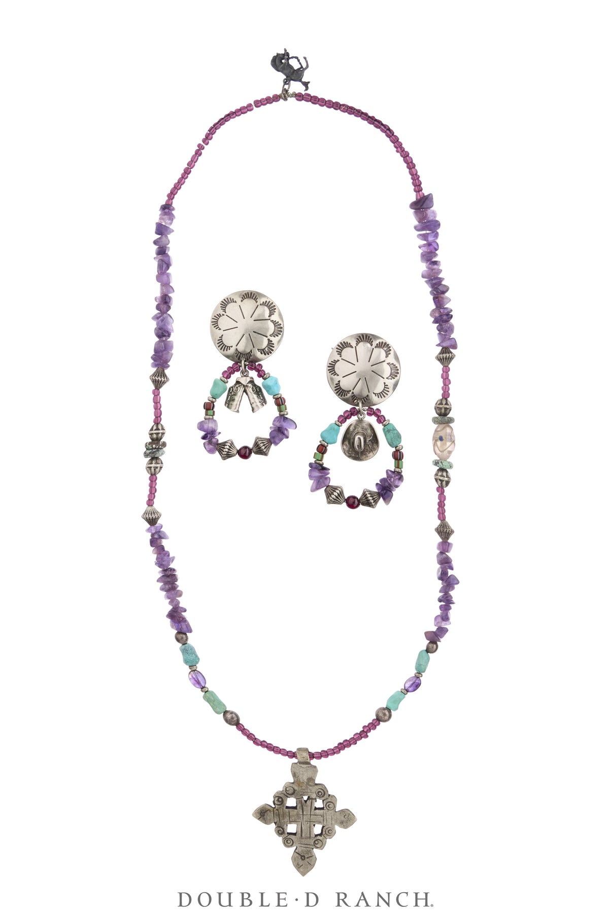 Necklace, Natural Stone, Bead, Amethyst & Turquoise With Sterling Charms, With Matching Earrings, Double D Ranch Fall Collection 1993, Vintage, Archive Release, 3952
