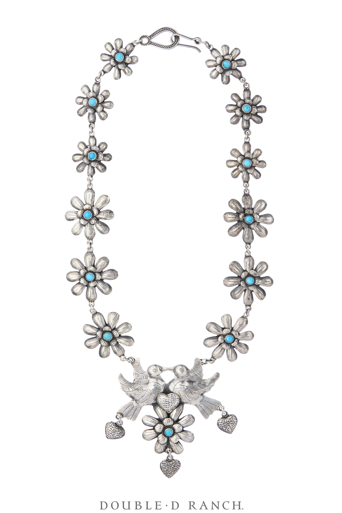 Necklace, Federico, Squash Blossom, Turquoise & Sterling Silver, Mazahua Styled Doves, Hallmark, Vintage, 3978