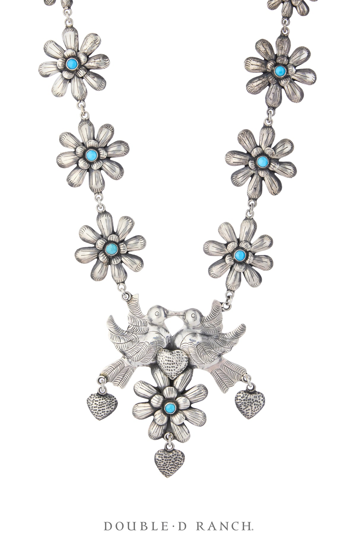 Necklace, Federico, Squash Blossom, Turquoise & Sterling Silver, Mazahua Styled Doves, Hallmark, Vintage, 3978