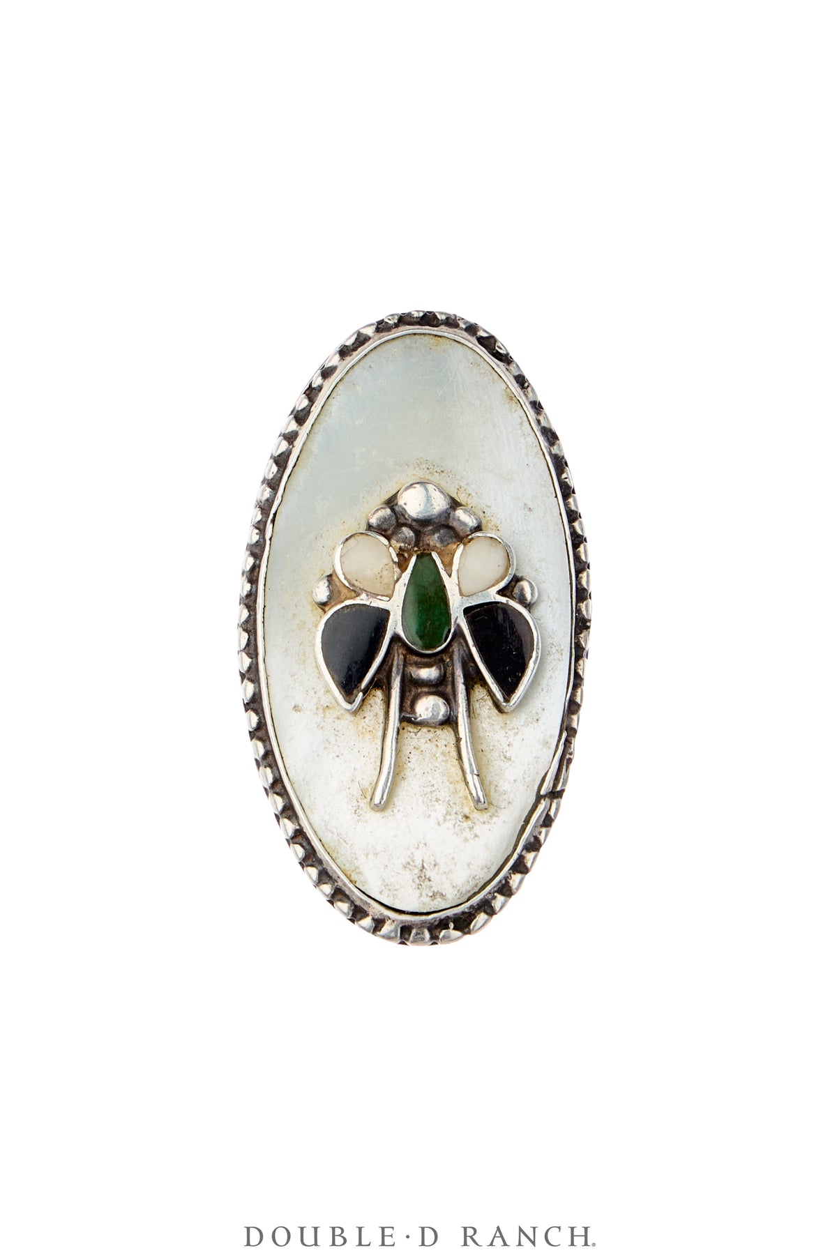Ring, Inlay, Mother of Pearl & Onyx, Bee, Vintage 5.5, 2133