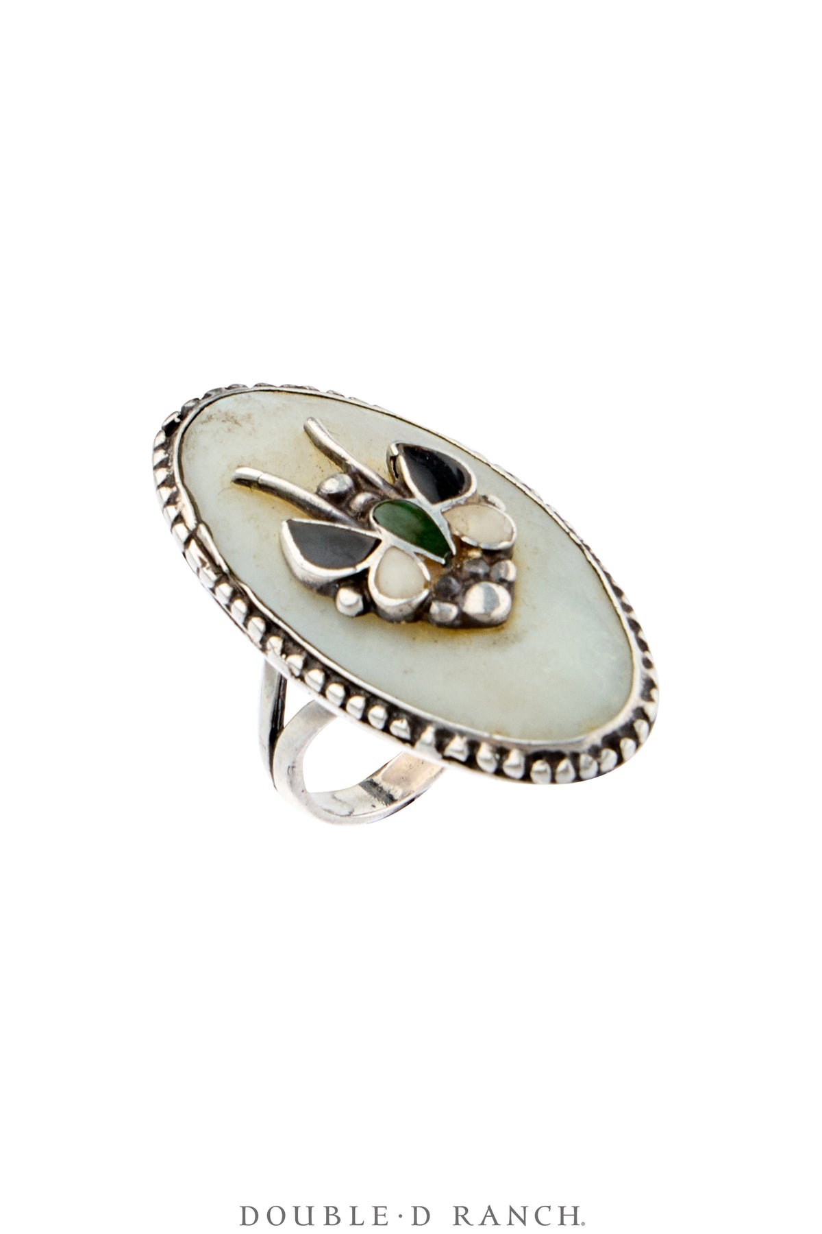 Ring, Inlay, Mother of Pearl & Onyx, Bee, Vintage 5.5, 2133
