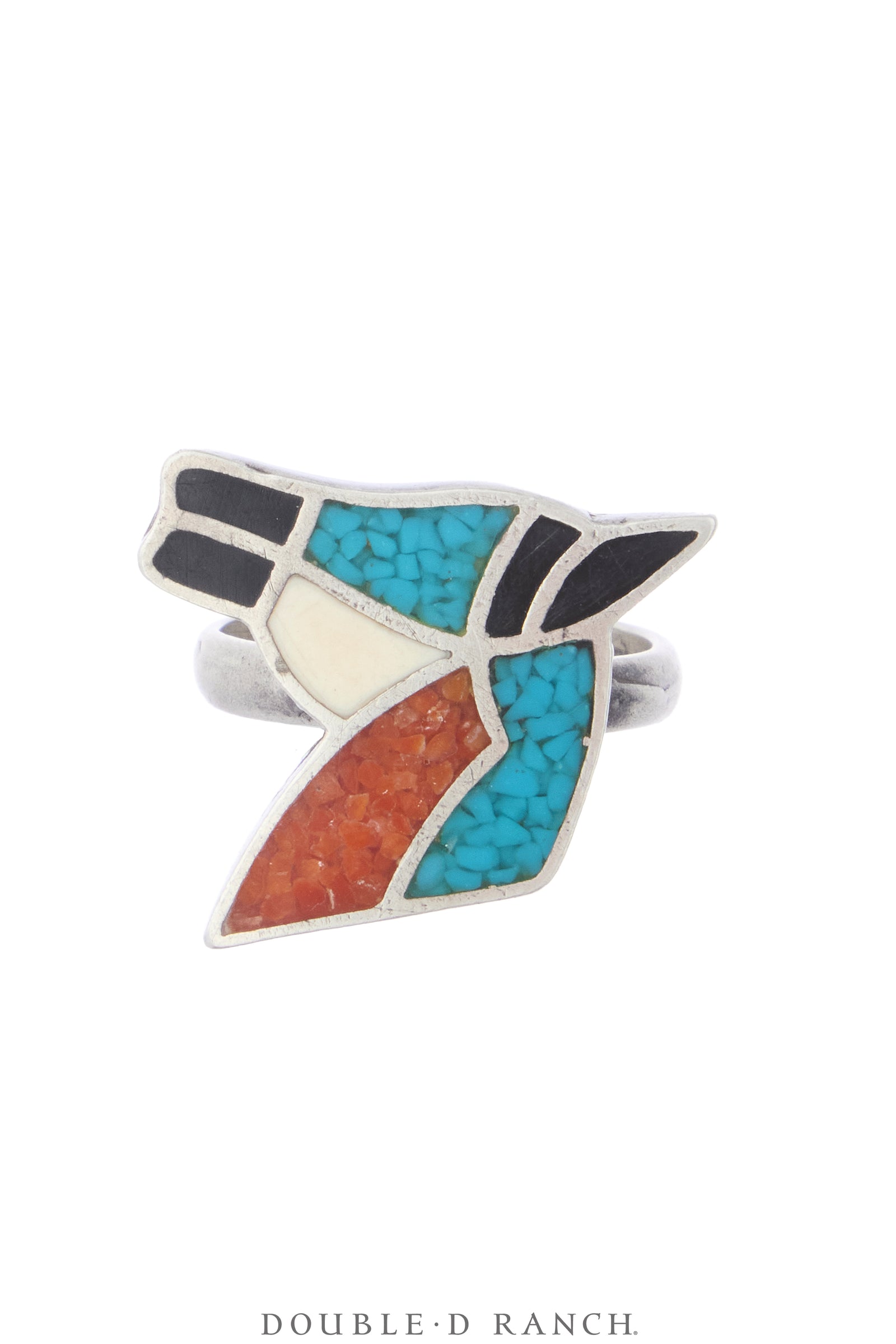 Ring, Novelty, Turquoise & Coral Chip Inlay, Horse, Sans Hallmark, Vintage, 2158