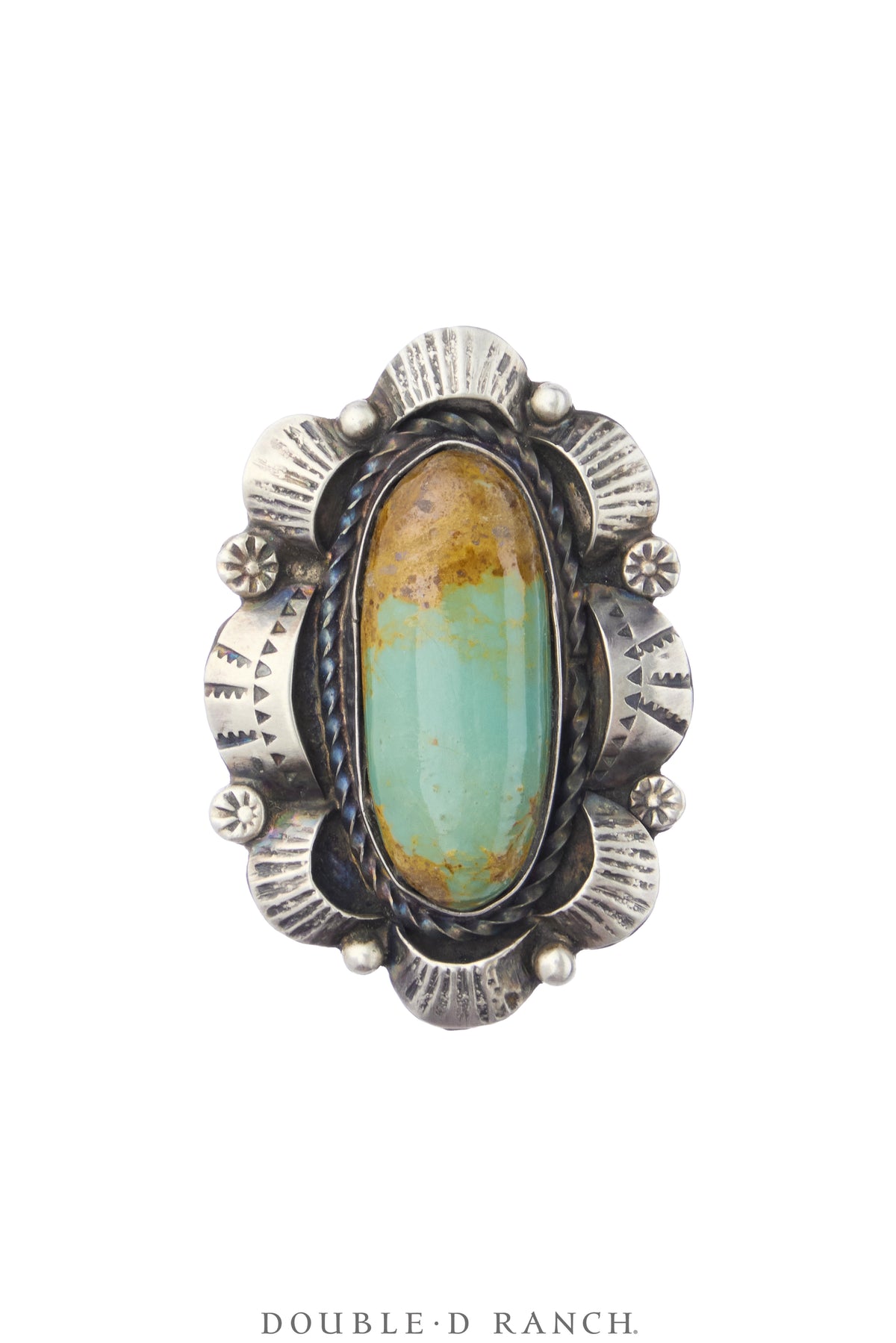 Ring, Natural Stone, Turquoise, Stamped Scallops, Hallmark, Vintage, 2173
