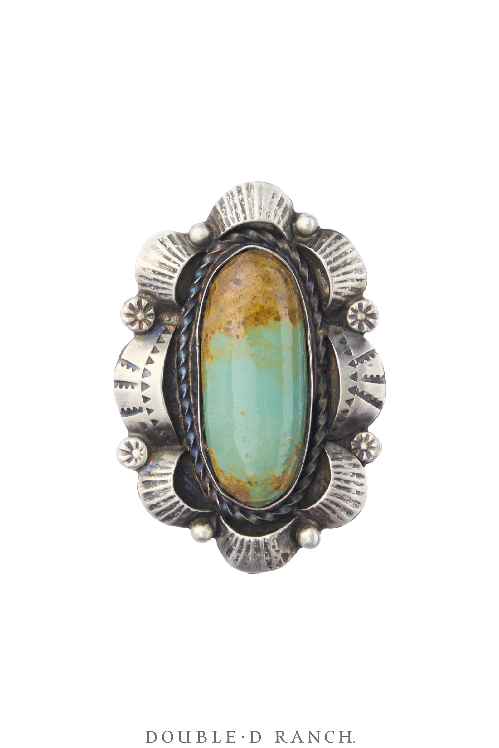 Ring, Natural Stone, Turquoise, Stamped Scallops, Hallmark, Vintage, 2173