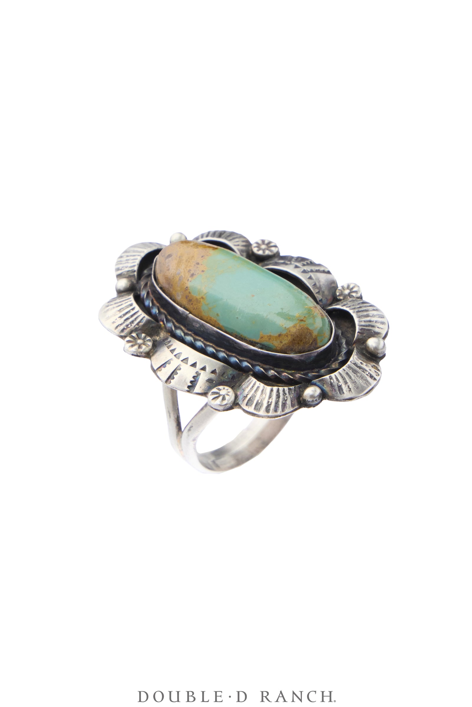 Ring, Natural Stone, Turquoise, Stamped Scallops, Hallmark, Vintage, 2173