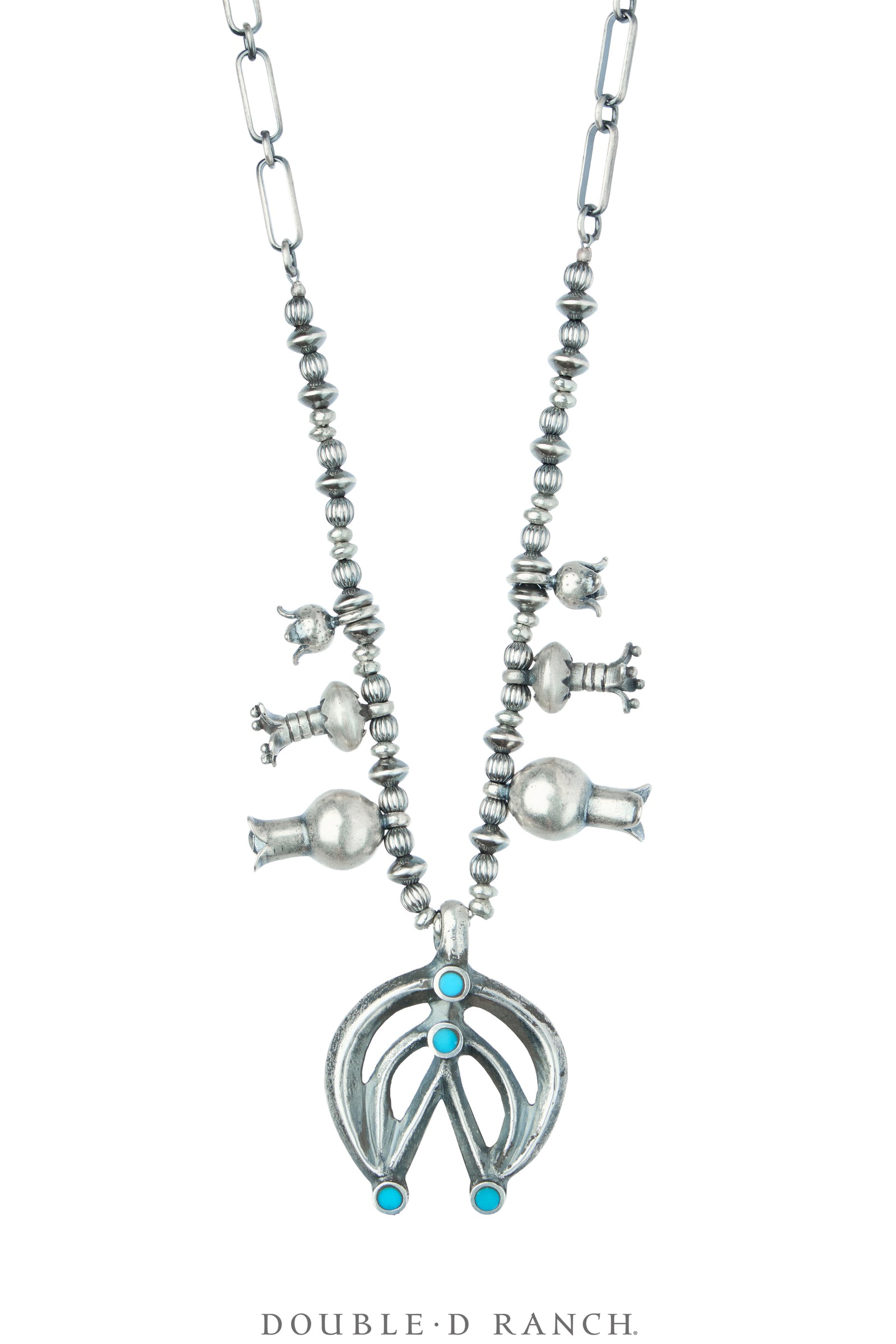 Necklace, Squash Blossom, Sterling Silver With Turquoise Inlay, Vintage, 3820