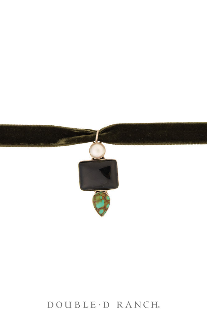 Necklace, Pendant, Margeaux Ribbon With Turquoise & Onyx, Hallmark, Contemporary, 3995B