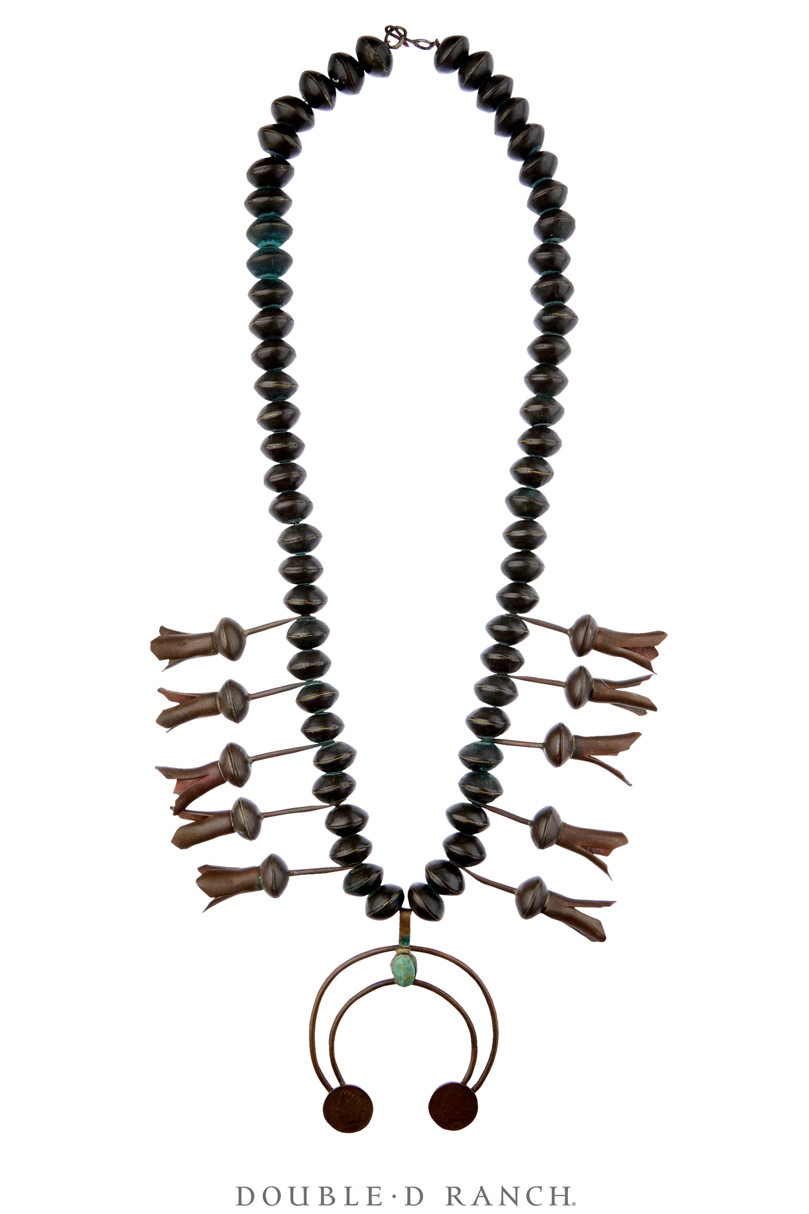 Necklace, Squash Blossom, Turquoise With Copper, Indian Head Pennies, Vintage, 3931