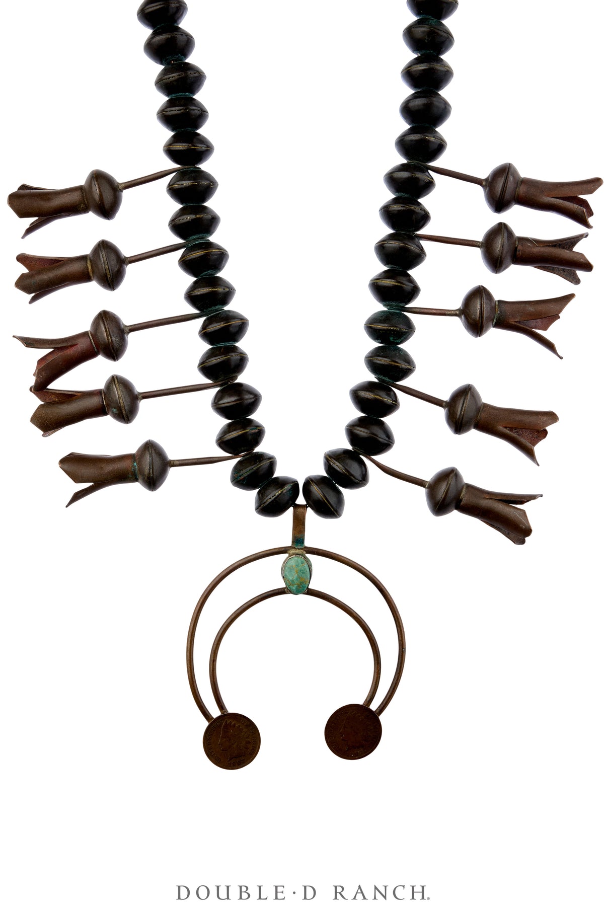 Necklace, Squash Blossom, Turquoise With Copper, Indian Head Pennies, Vintage, 3931