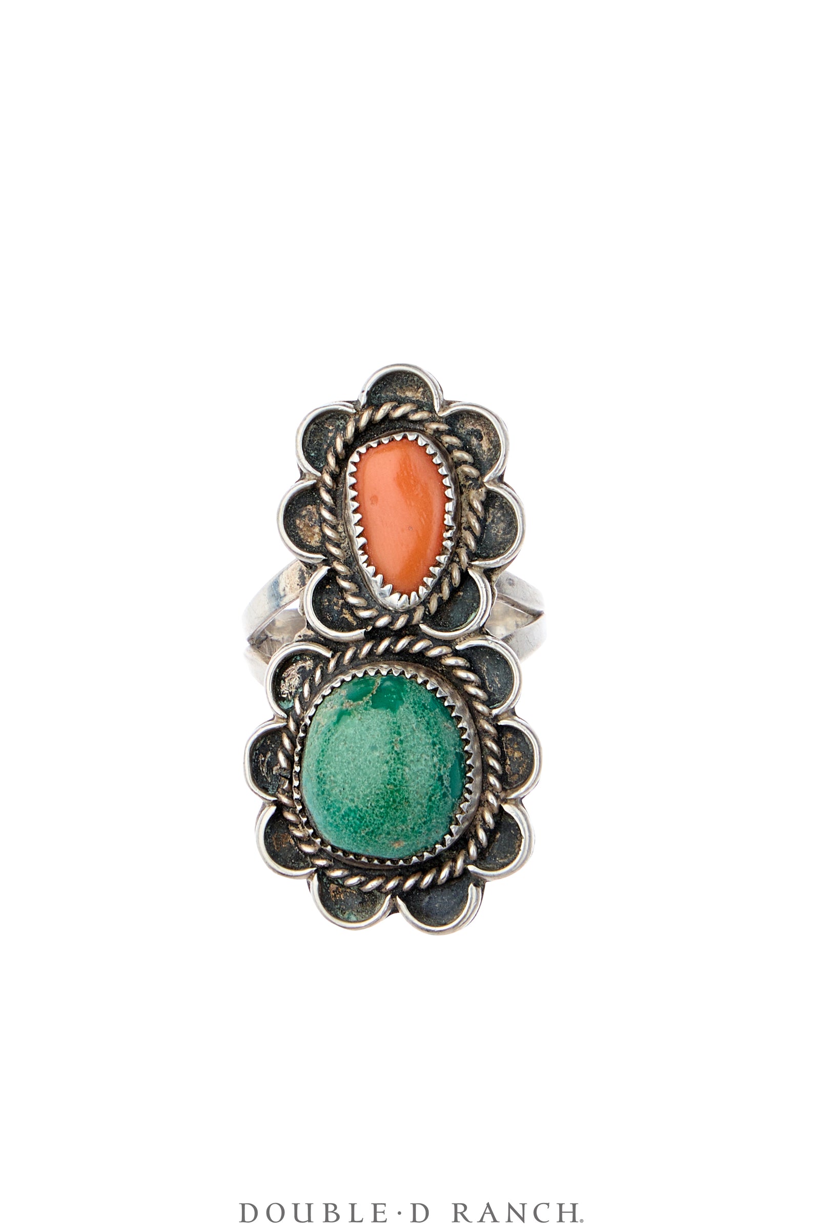 Ring, Natural Stone, Turquoise & Coral, HMSS Hallmark, Vintage ‘40s, 2134