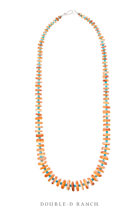 Necklace, Tab, Orange Spiny Oyster & Turquoise, Artisan, Contemporary 28", 4036