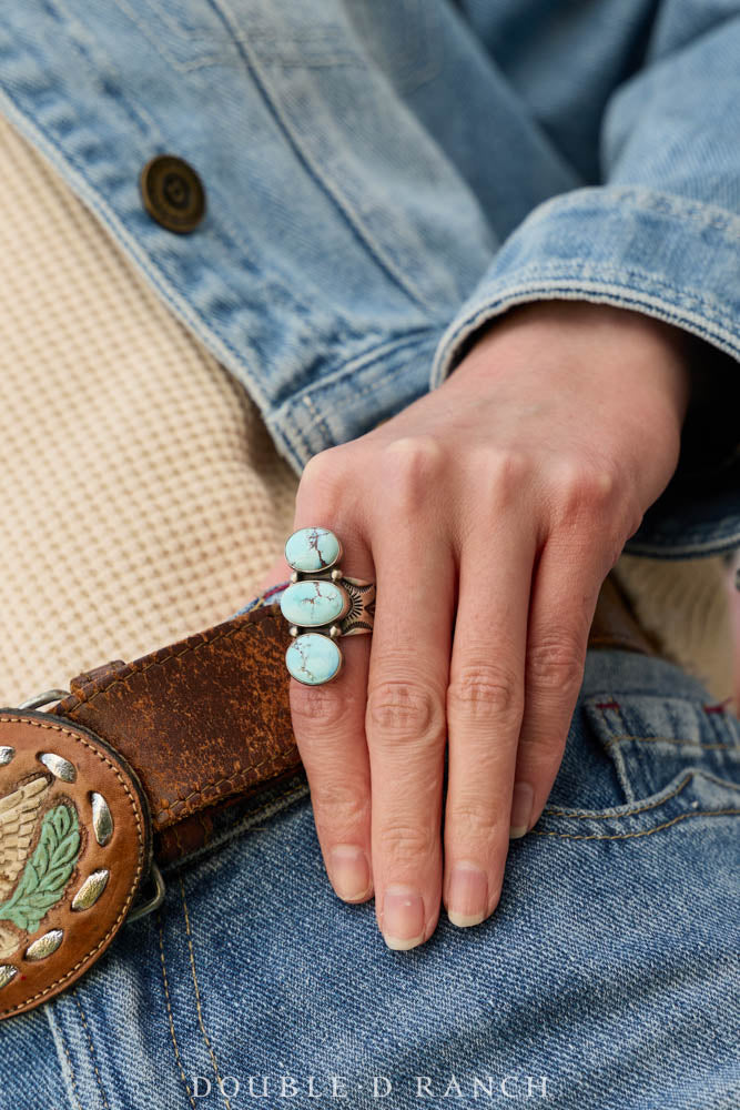 Ring, Statement, Golden Hills Turquoise, 3 Stone, Hallmark, Contemporary, 1986