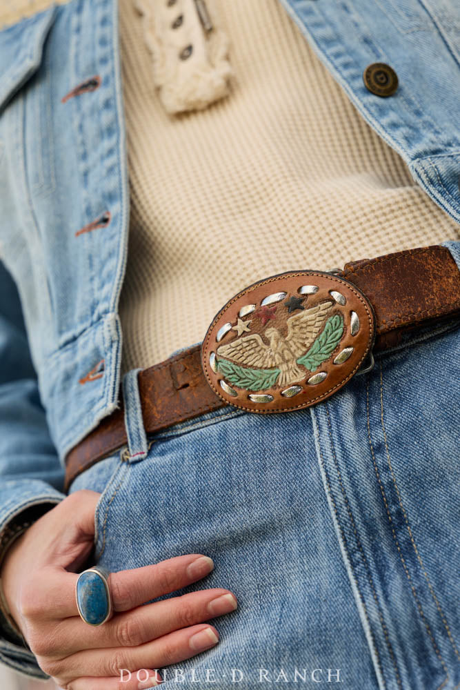 Belt, A Vintage, Buckle, Western, Leather, Patriotic, Vintage, 1114