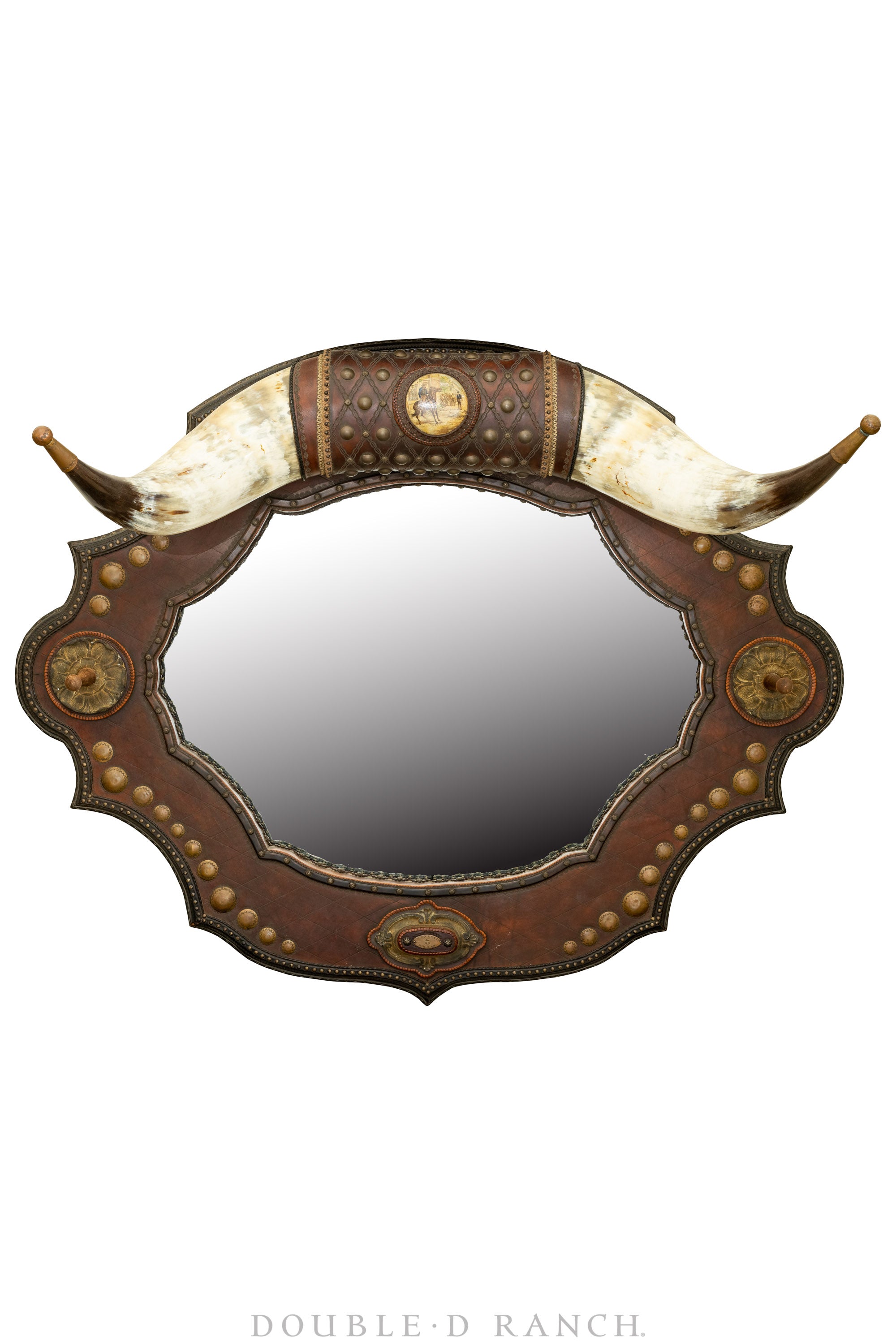 Art, Taxidermy, Saloon Mirror with Longhorns, Leather Tooling and Brass Nails, Buck Flynn Company of Santa Fe, Vintage ‘90s, 1066