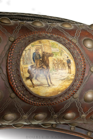Art, Taxidermy, Saloon Mirror with Longhorns, Leather Tooling and Brass Nails, Buck Flynn Company of Santa Fe, Vintage ‘90s, 1066
