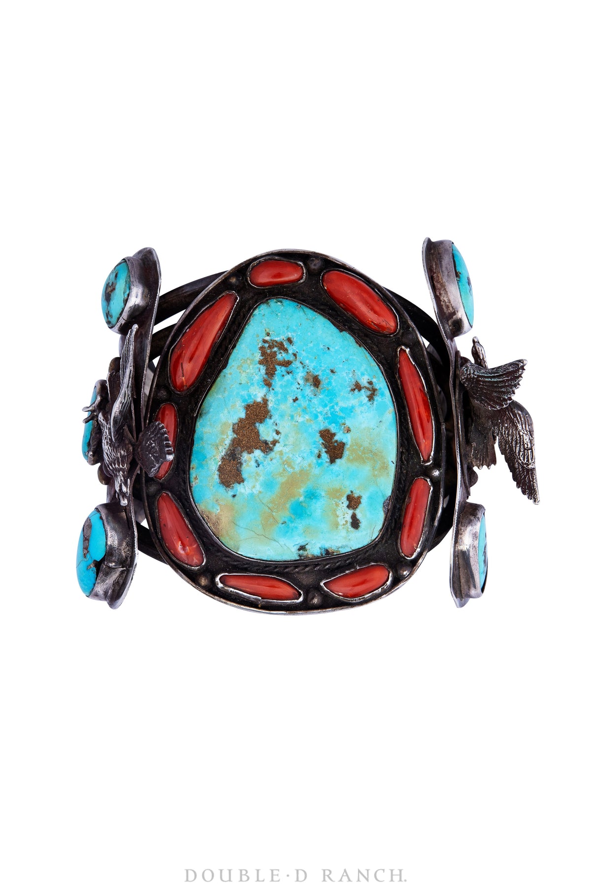 Cuff, Turquoise &amp; Coral with Dimensional Eagles on Sides, Old Pawn, Vintage, 3083