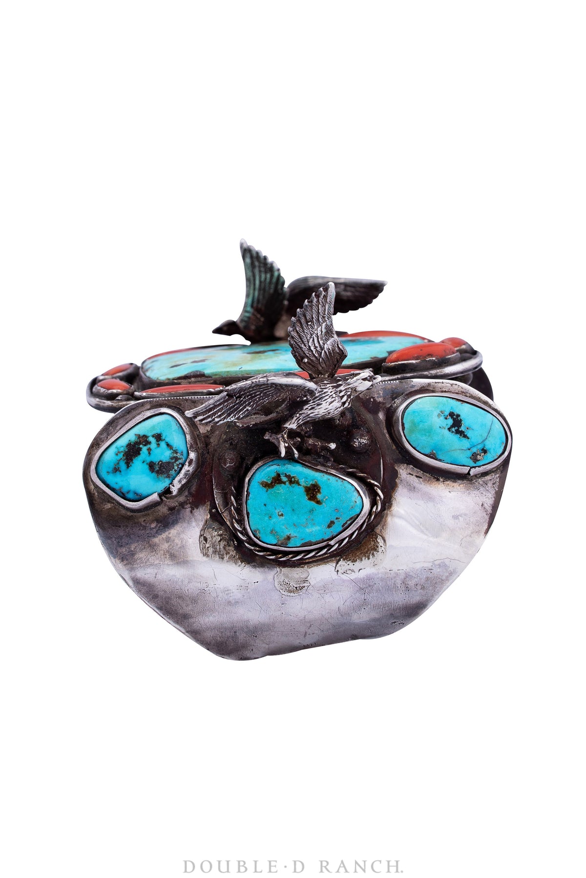 Cuff, Turquoise &amp; Coral with Dimensional Eagles on Sides, Old Pawn, Vintage, 3083