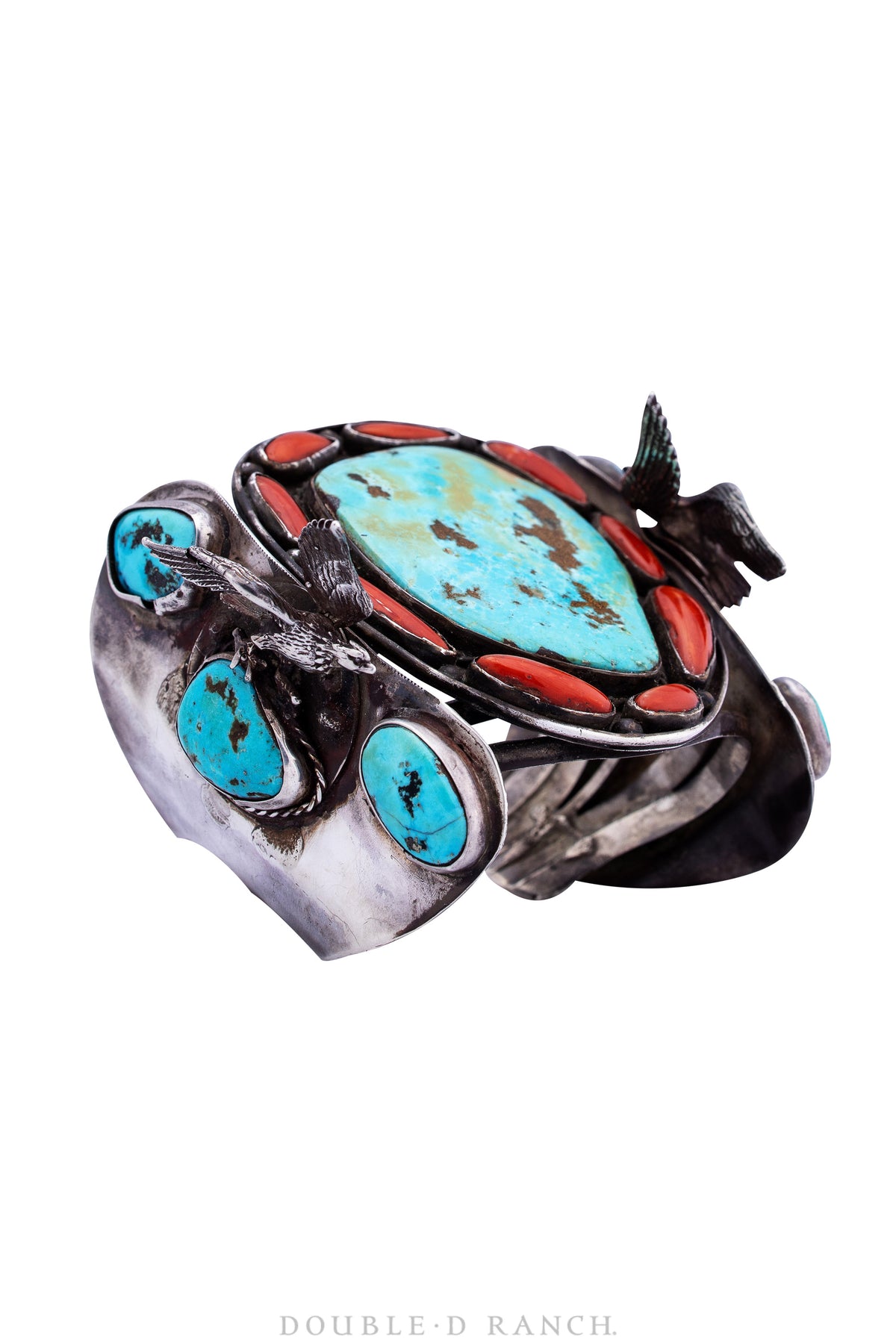 Cuff, Turquoise &amp; Coral with Dimensional Eagles on Sides, Old Pawn, Vintage, 3083