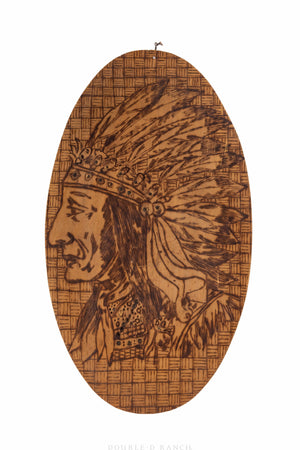 Art, Pyrography, Native American Profiles, Oval Plaque, Vintage, Early 1900s, 1051
