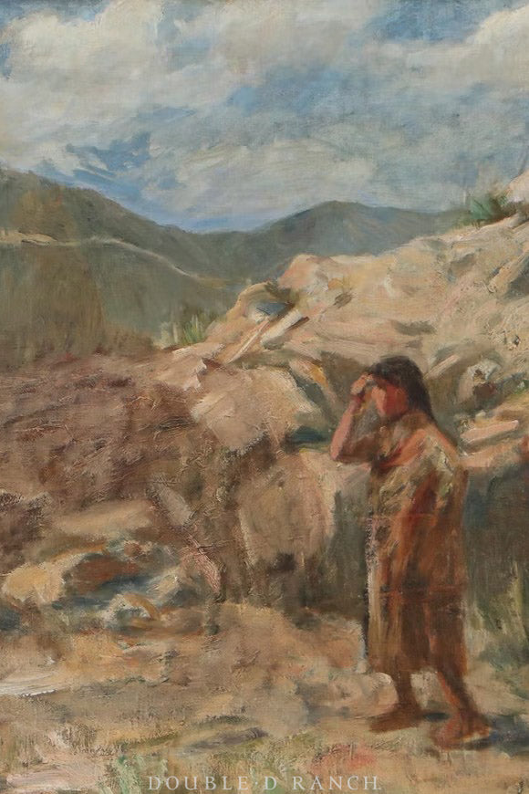 Art, Oil on Canvas, Portrait, Native American Scout, Joseph Henry Sharp, Taos Society of Artists, Antique c. 1900, 1214