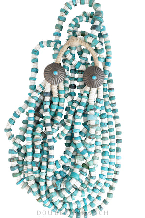 Necklace, Stone, 5 Strand, Heishi, Turquoise & Mother of Pearl, Concho Closure, Vintage, 1604