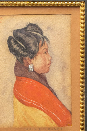 Art, Portrait, Watercolor, Hopi Maiden, Framed, Mid 20th Century, 1087