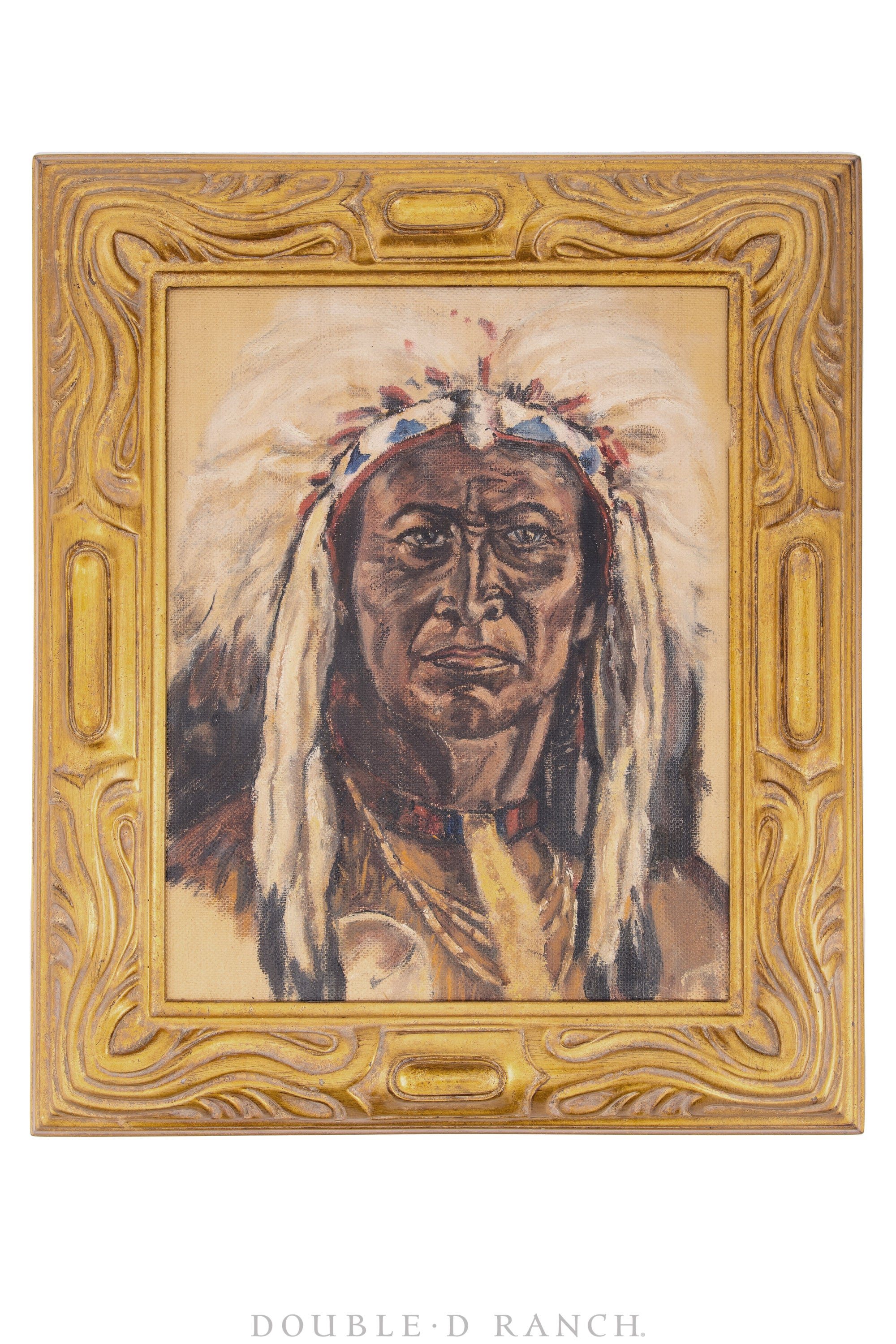 Art, Portrait, Oil on Board, Native American Warrior, Handmade Frames, Unsigned, Vintage, 1125
