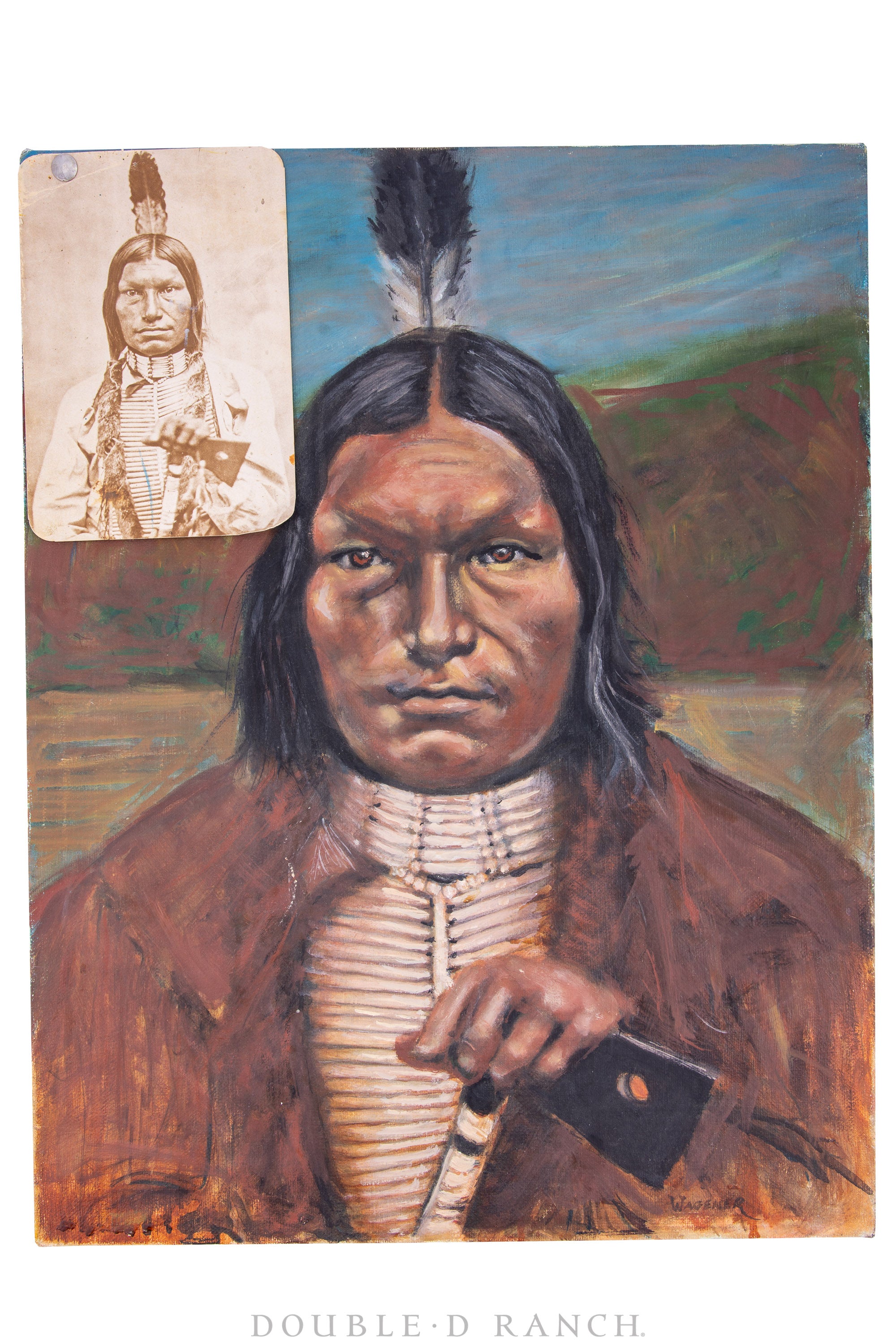 Art, Portrait, Oil on Canvas, "Chief Low Dog, Sioux," Wagener, Vintage ‘80s, 1117