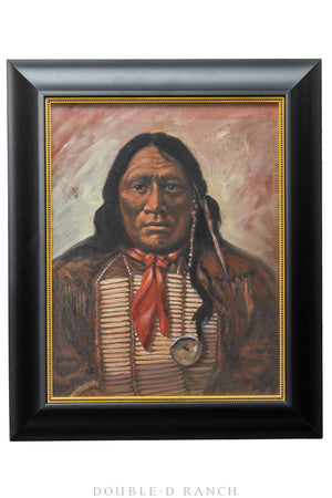 Art, Portrait, Oil on Canvas, "Chief Old Wolf, Sioux" Wagener, Vintage ‘80s, 1118