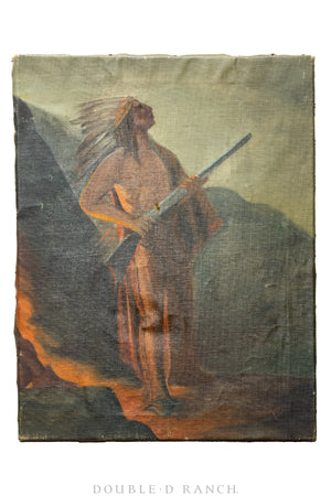 Art, Oil on Canvas, Native American with Rifle, Unsigned, Vintage, 1086
